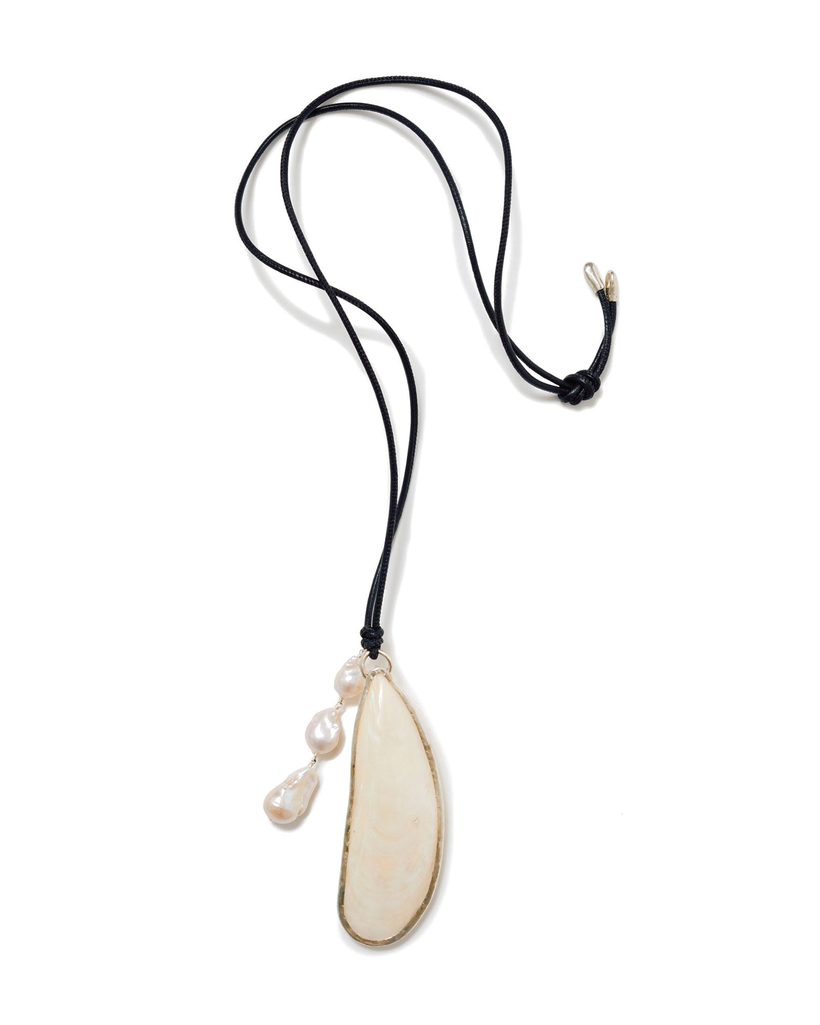 Haena Charm Necklace White Mother of Pearl Sterling Silver, Yellow Mussel Shell, Freshwater Baroque Pearls
