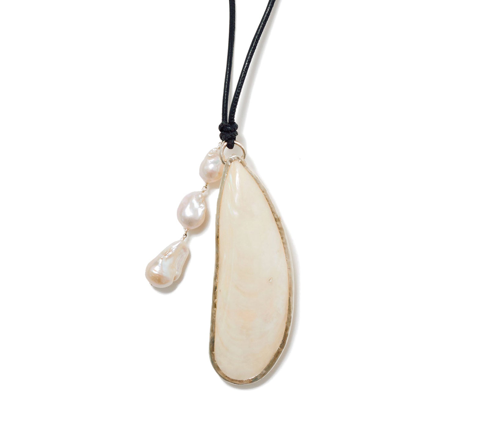 Haena Charm Necklace White Mother of Pearl Sterling Silver, Yellow Mussel Shell, Freshwater Baroque Pearls