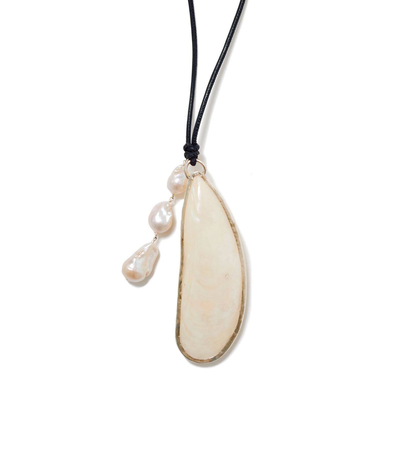 Haena Charm Necklace White Mother of Pearl Sterling Silver, Yellow Mussel Shell, Freshwater Baroque Pearls