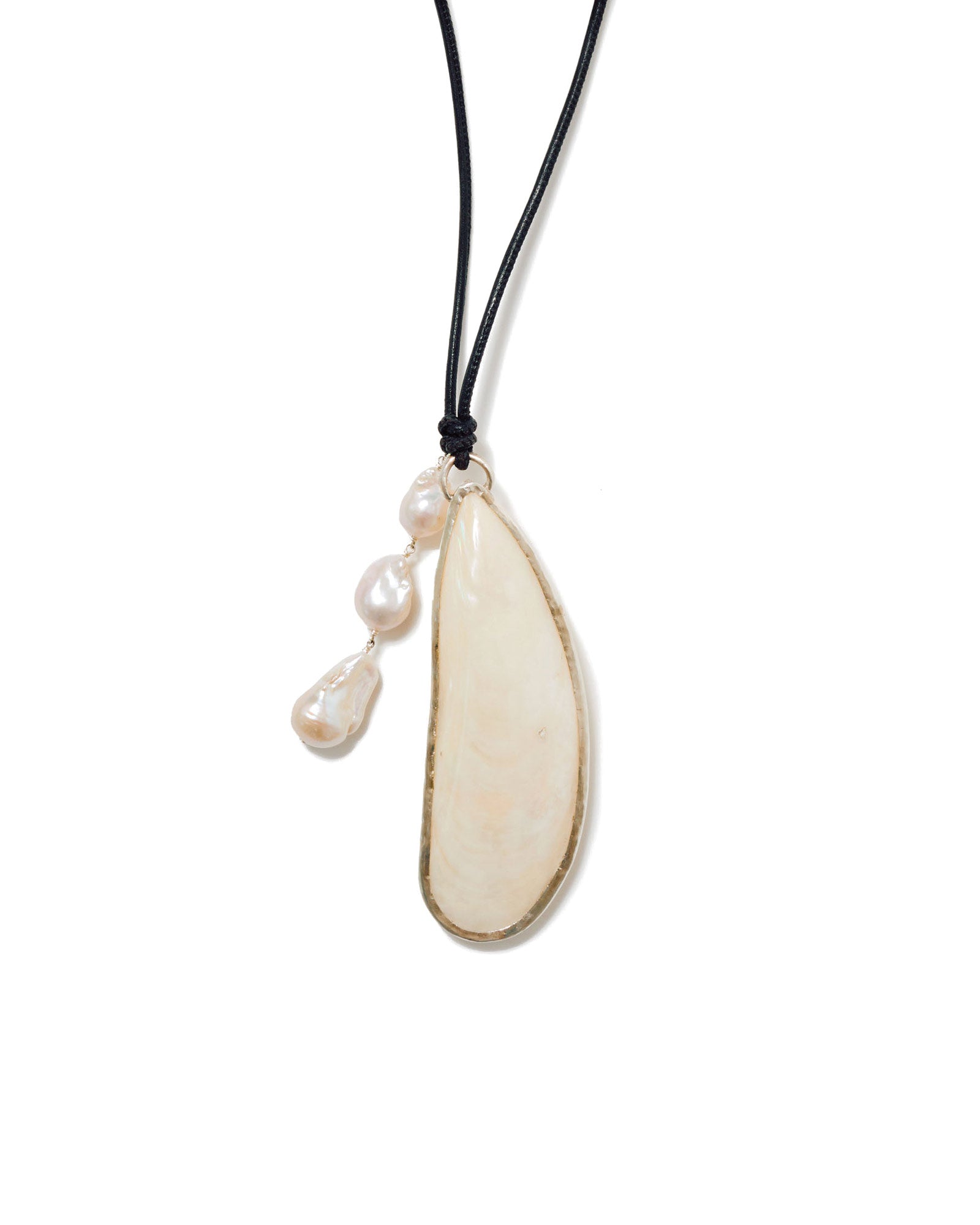 Haena Charm Necklace White Mother of Pearl Sterling Silver, Yellow Mussel Shell, Freshwater Baroque Pearls