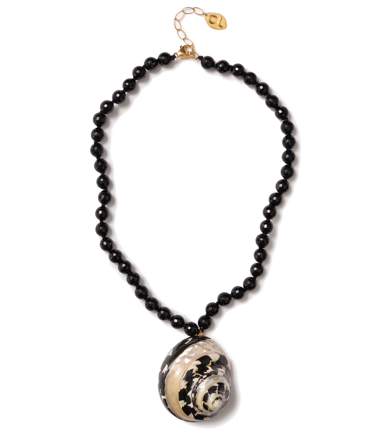 Beaded Shell Pendant Necklace 18k Gold Vermeil, Magpie Banded Shell, Onyx