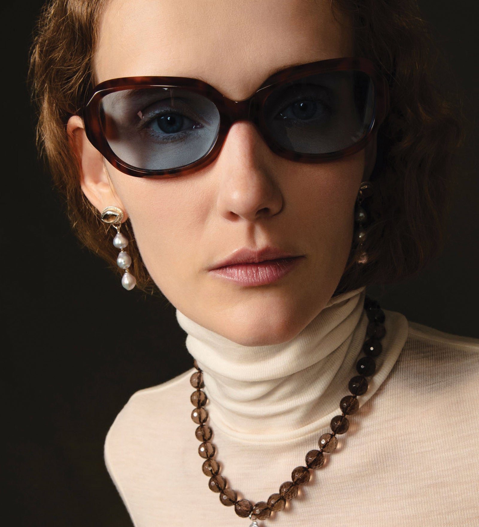 Smoky Onyx & Pearl Beaded Necklace Sterling Silver, Freshwater Pearl, Smoky Quartz