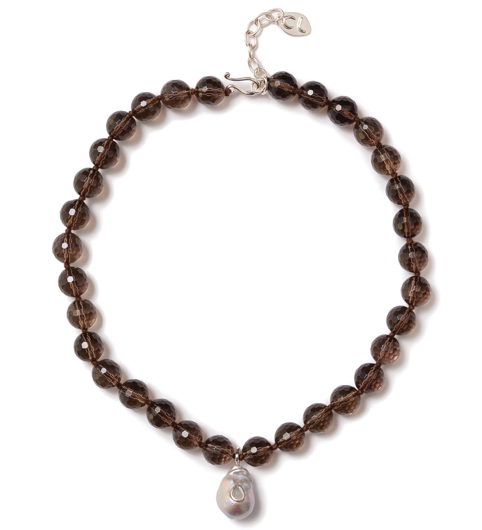 Smoky Onyx & Pearl Beaded Necklace Sterling Silver, Freshwater Pearl, Smoky Quartz