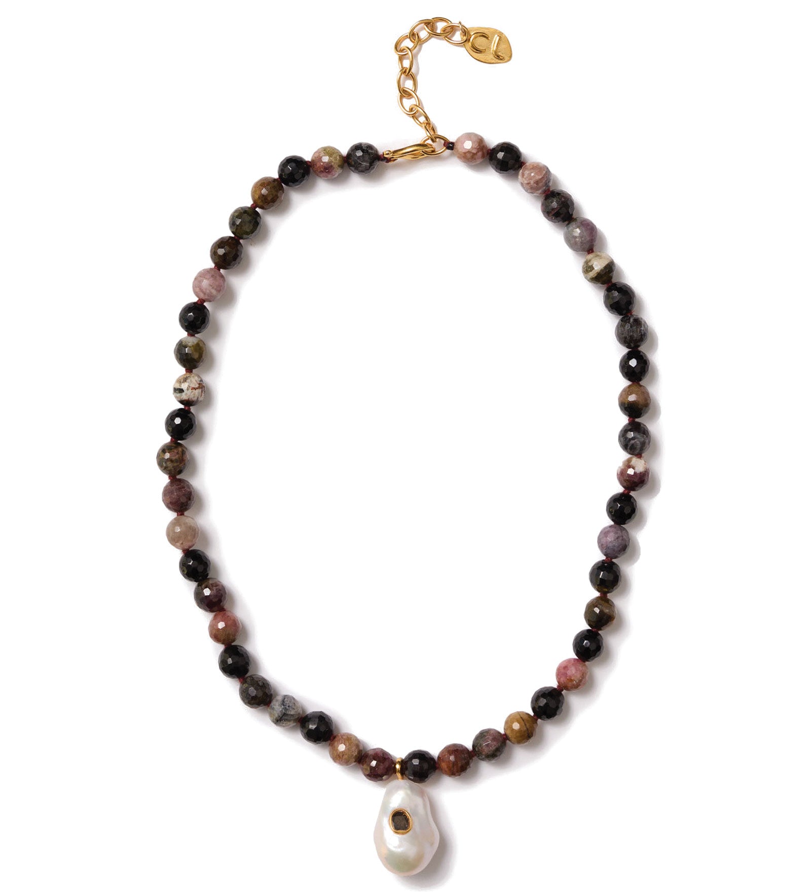 Tourmaline & Pearl Beaded Necklace 18k Gold Vermeil, Freshwater Pearl, Tourmaline