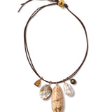 Double Row Five Charm Necklace 18k Gold Vermeil, Whisky Quartz, Shell Abalone