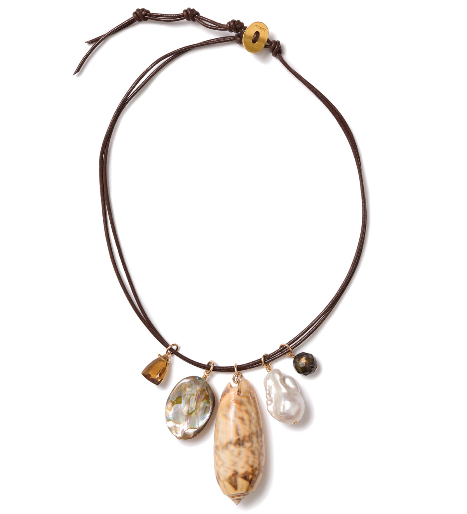 Double Row Five Charm Necklace 18k Gold Vermeil, Whisky Quartz, Shell Abalone