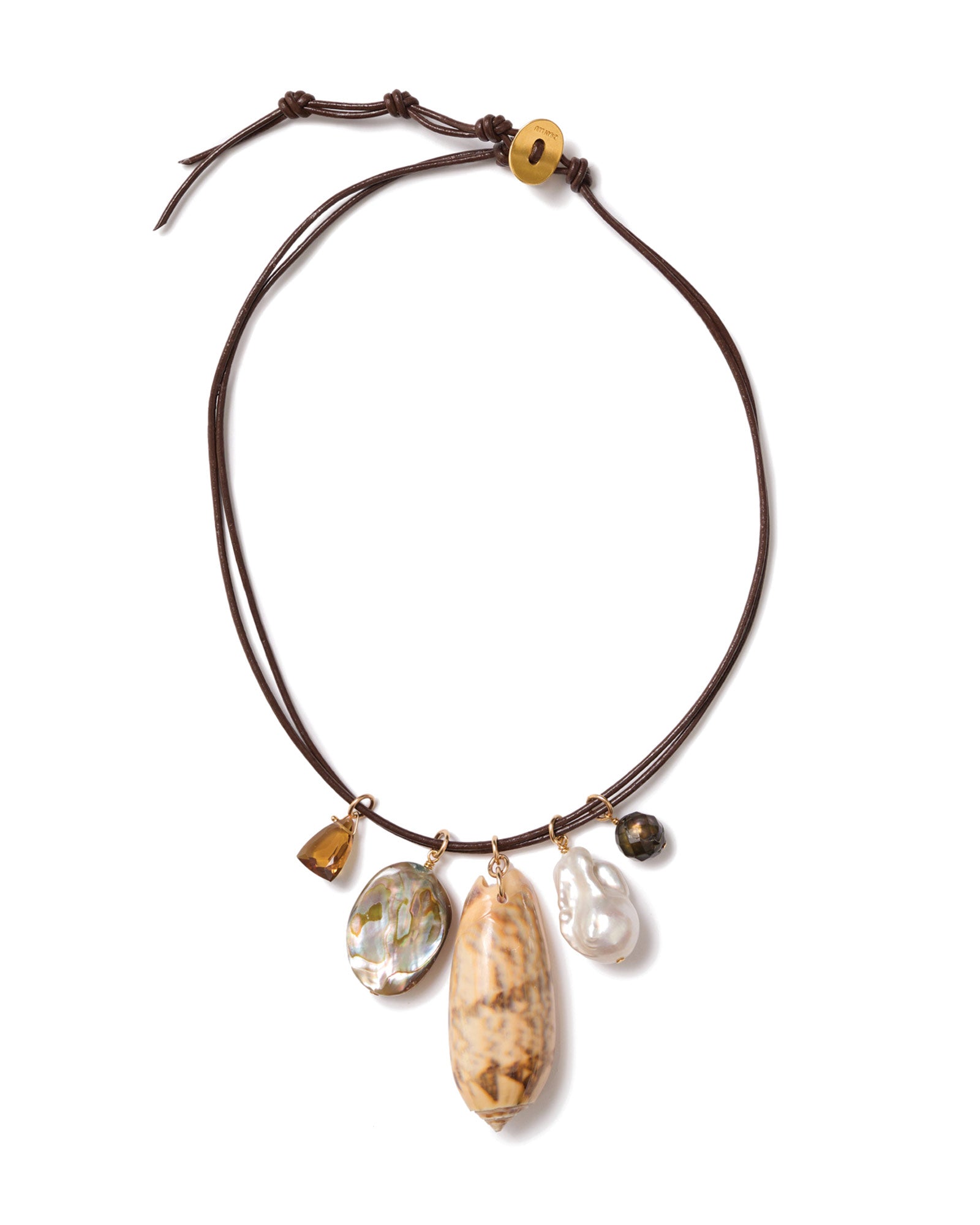 Double Row Five Charm Necklace 18k Gold Vermeil, Whisky Quartz, Shell Abalone