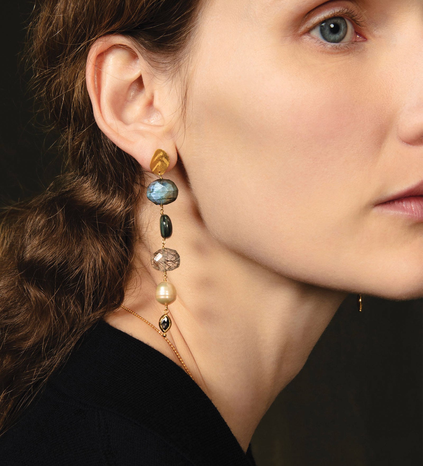 Five Stone Drop Earrings 18k Gold Vermeil, Labradorite, Abalone