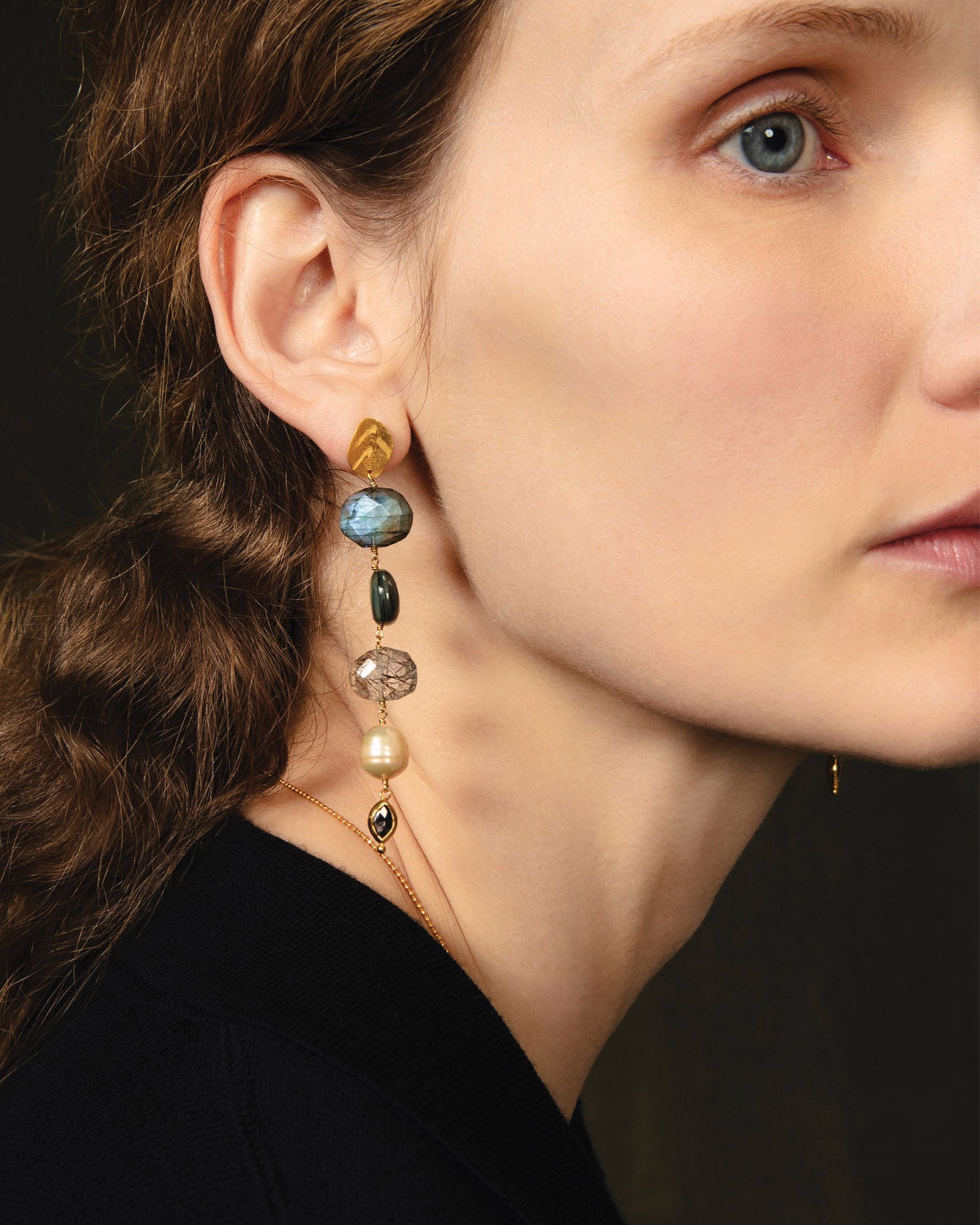 Five Stone Drop Earrings 18k Gold Vermeil, Labradorite, Abalone