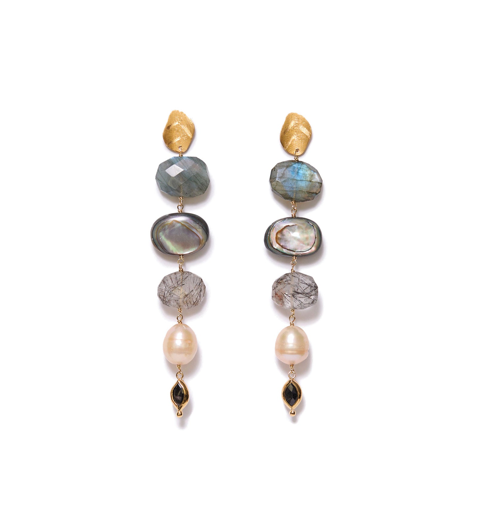 Five Stone Drop Earrings 18k Gold Vermeil, Labradorite, Abalone