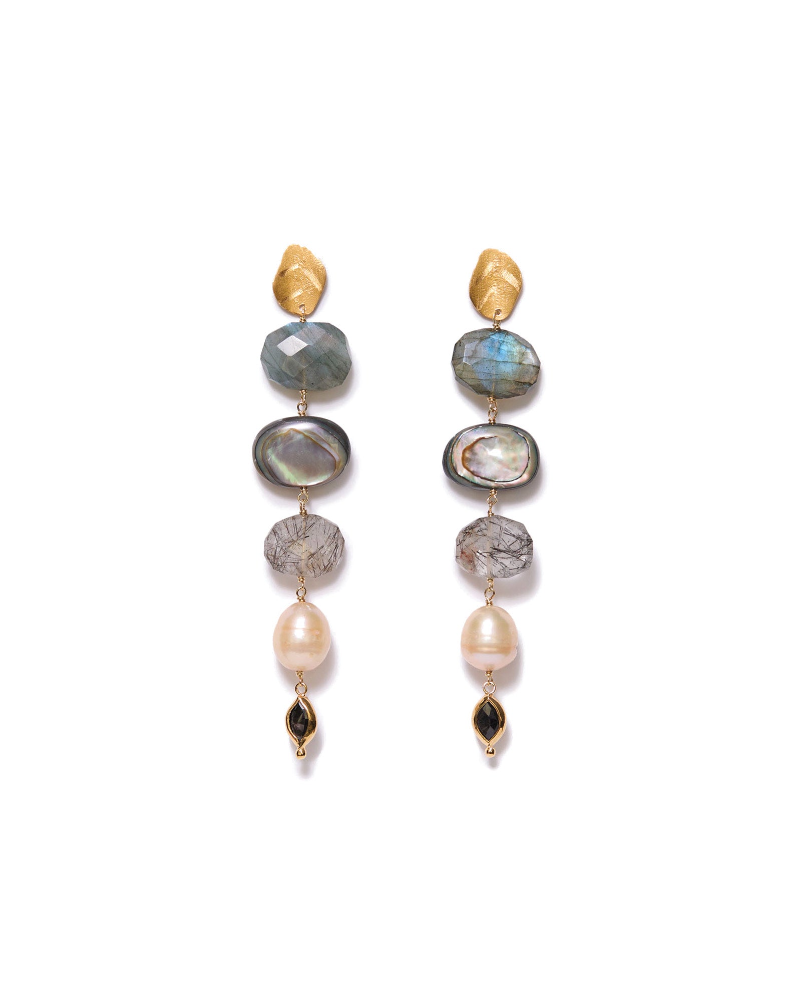 Five Stone Drop Earrings 18k Gold Vermeil, Labradorite, Abalone