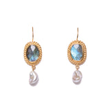 Bezel Set Drop Pearl Earrings 18k Gold Vermeil, Labradorite, Freshwater Pearl