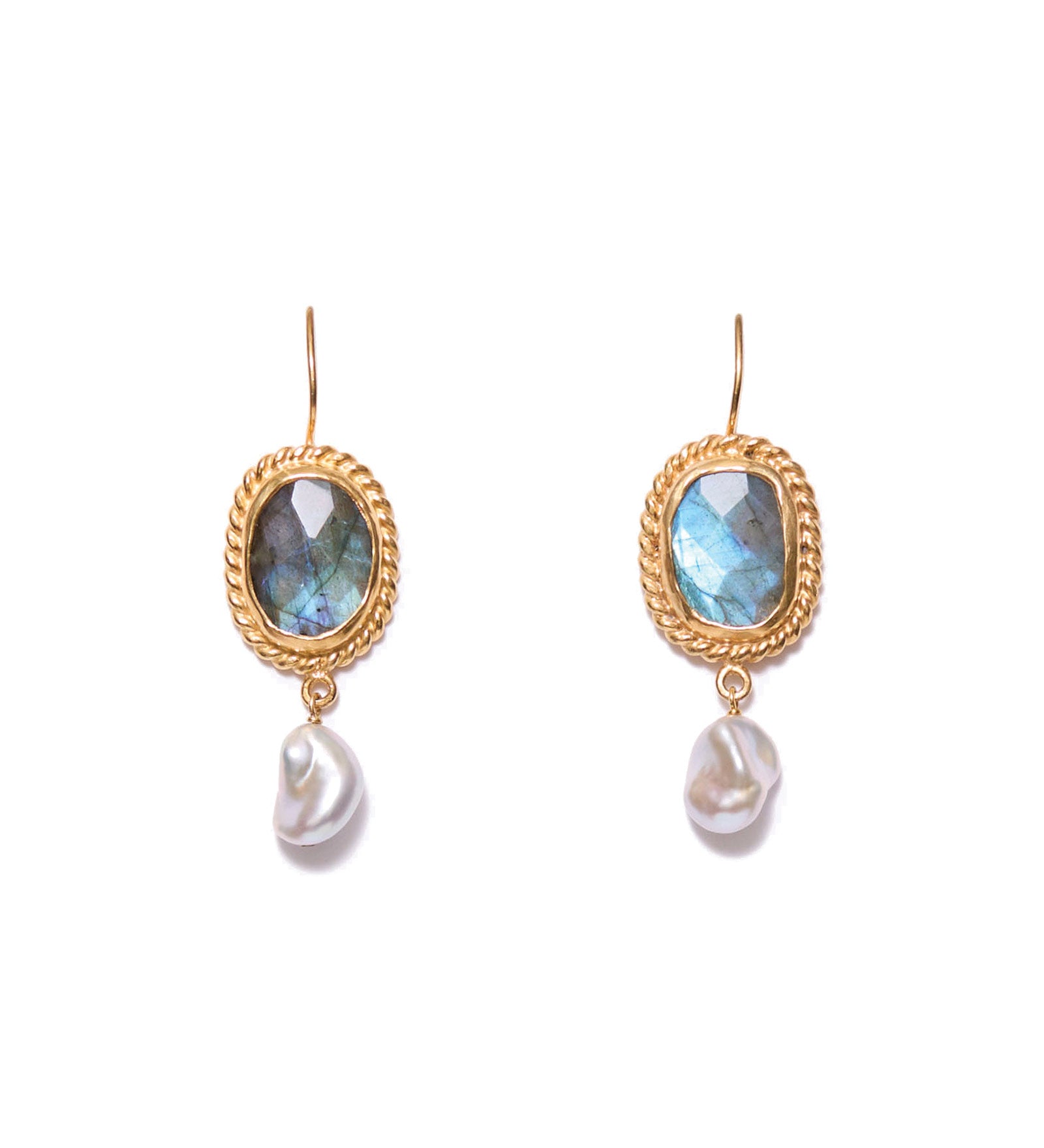 Bezel Set Drop Pearl Earrings 18k Gold Vermeil, Labradorite, Freshwater Pearl