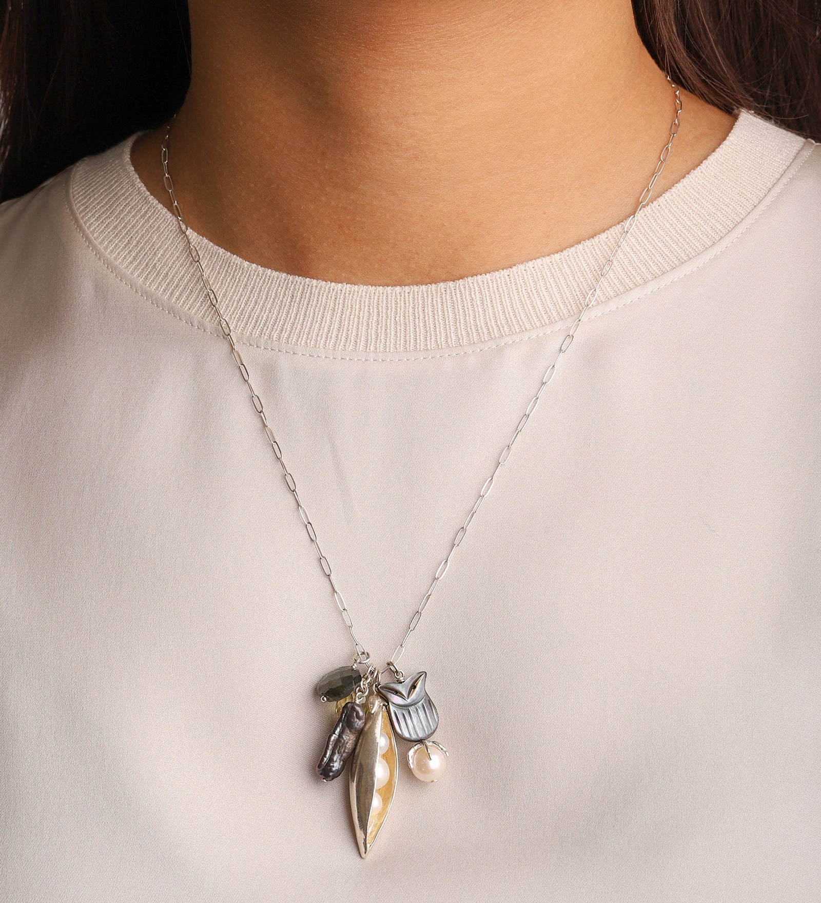 Chan Luu-Peapod and Owl Charm Necklace-Necklaces-Blue Ruby Jewellery-Vancouver Canada