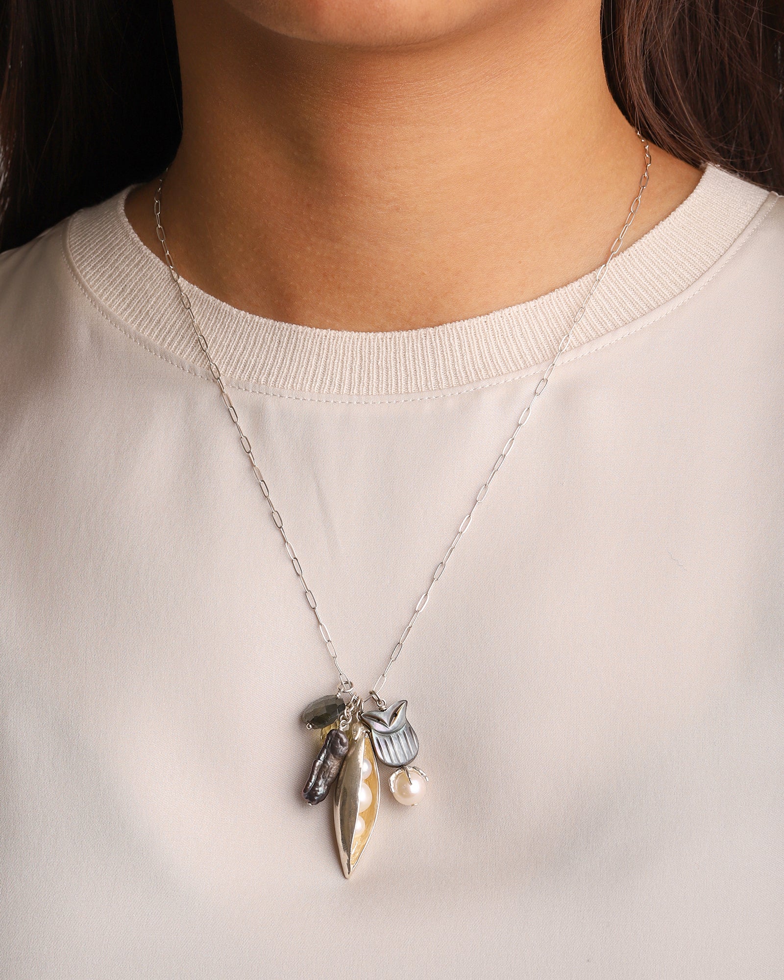 Chan Luu-Peapod and Owl Charm Necklace-Necklaces-Blue Ruby Jewellery-Vancouver Canada