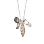 Pea and Owl Charm Necklace Sterling Silver, Labradorite, Lemon Quartz