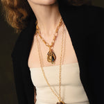 Double Loop Chain Charm Necklace 18k Gold Plated, Tiger's Eye, Labradorite