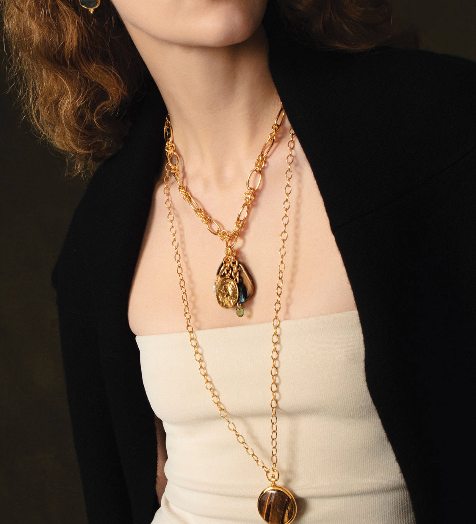 Double Loop Chain Charm Necklace 18k Gold Plated, Tiger's Eye, Labradorite