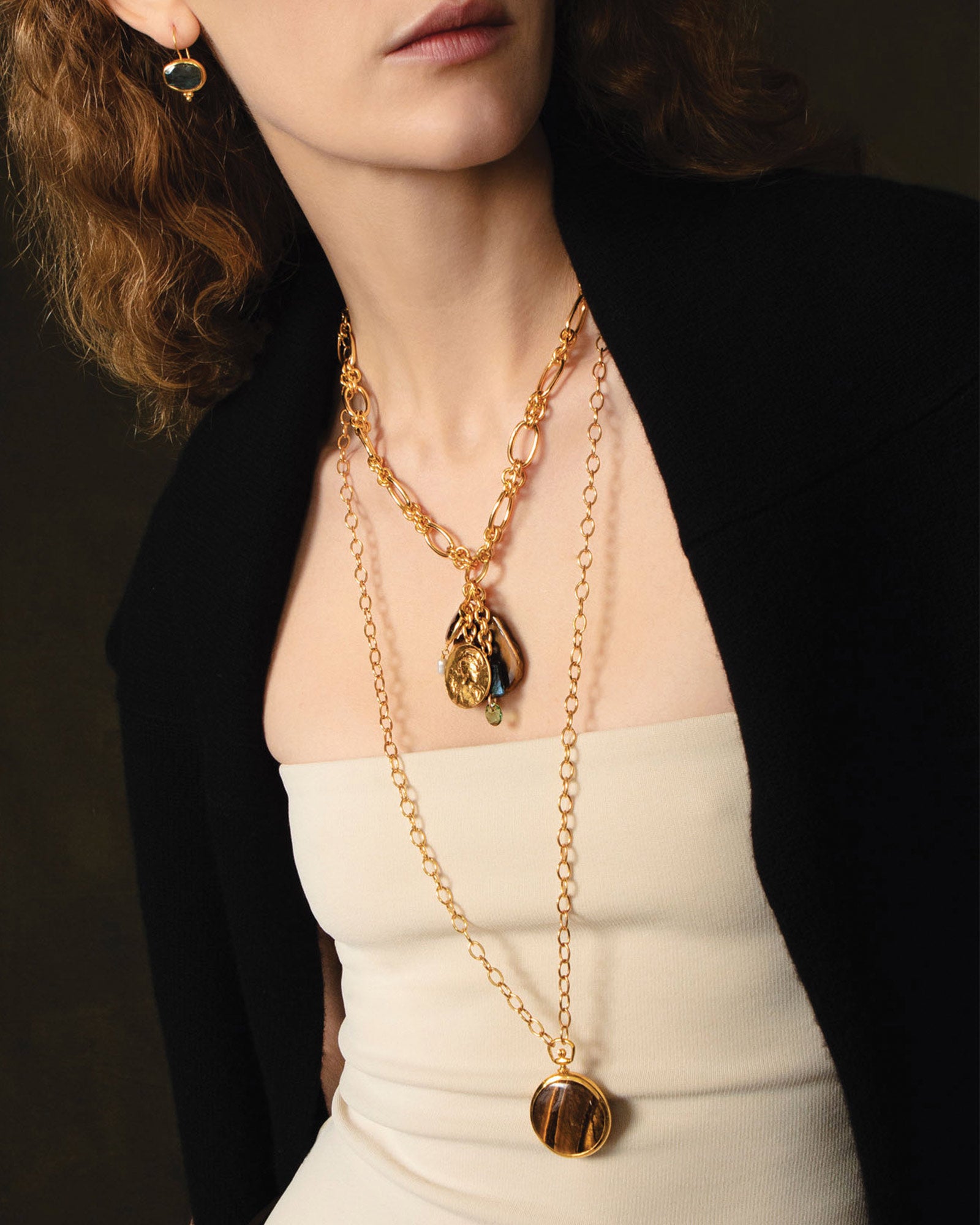 Double Loop Chain Charm Necklace 18k Gold Plated, Tiger's Eye, Labradorite