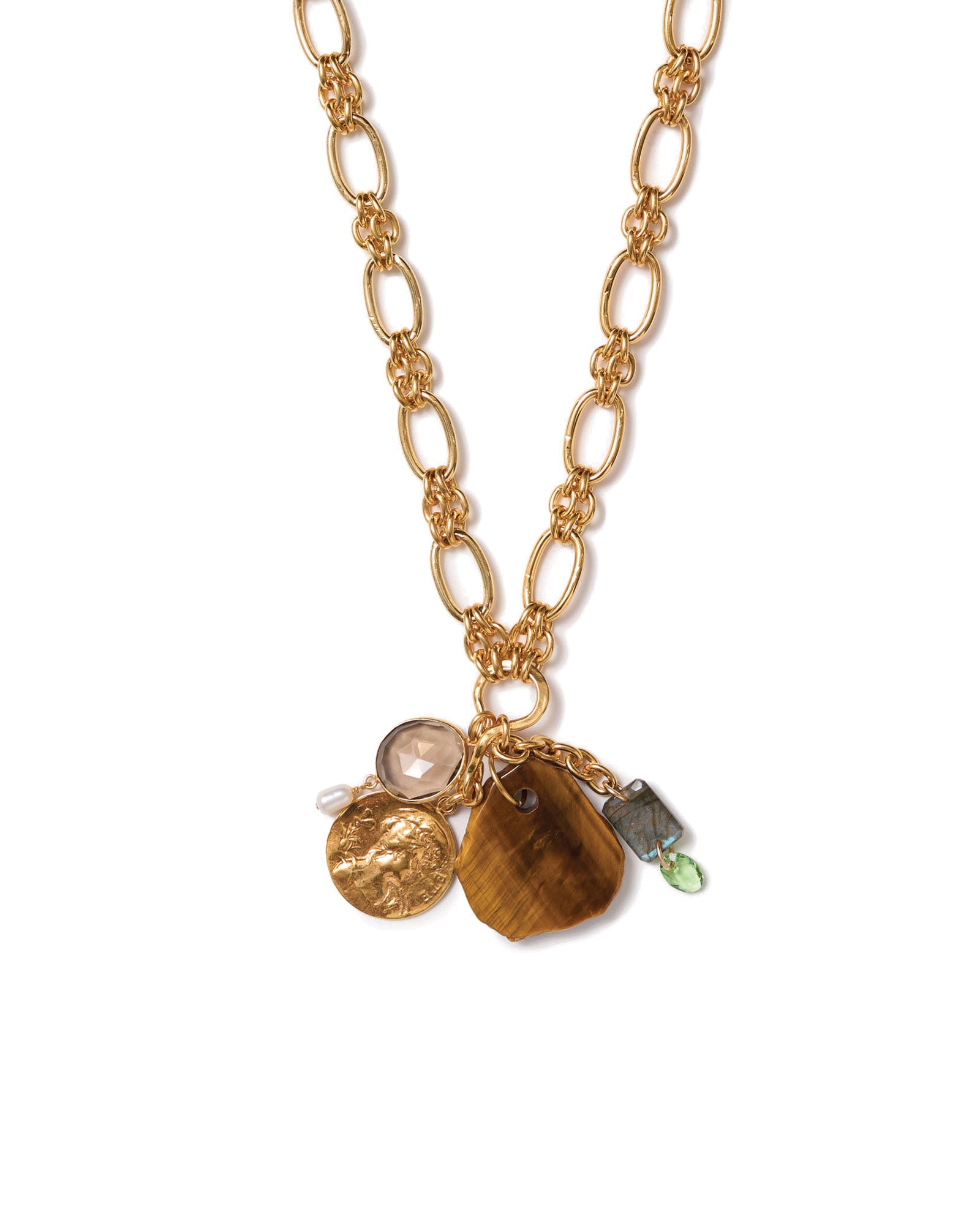 Double Loop Chain Charm Necklace 18k Gold Plated, Tiger's Eye, Labradorite