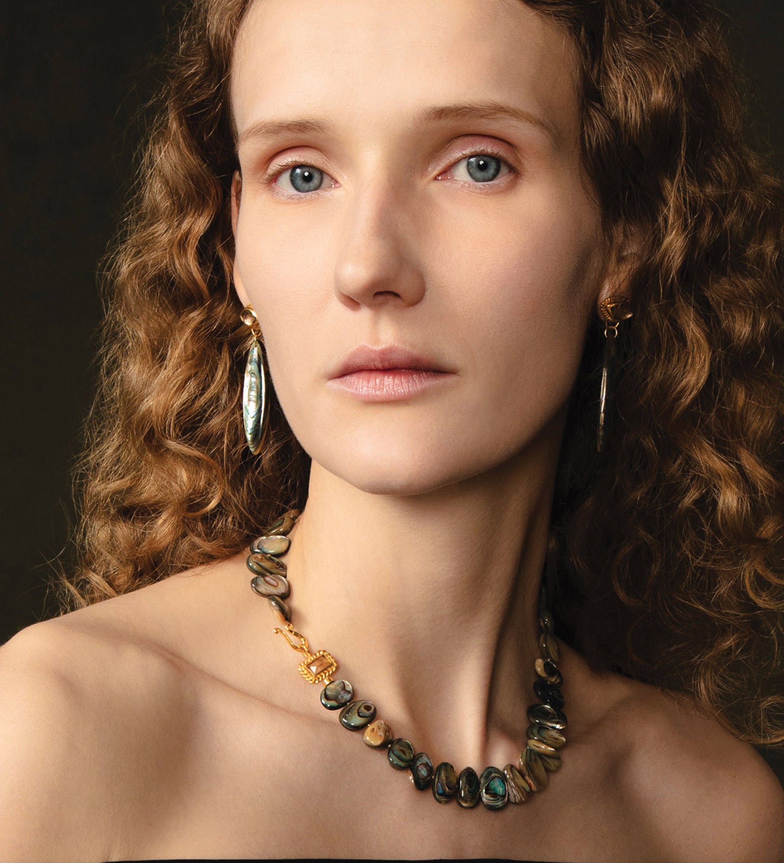 Marquise Abalone Earrings 18k Gold Vermil, Abalone, Smoky Quartz