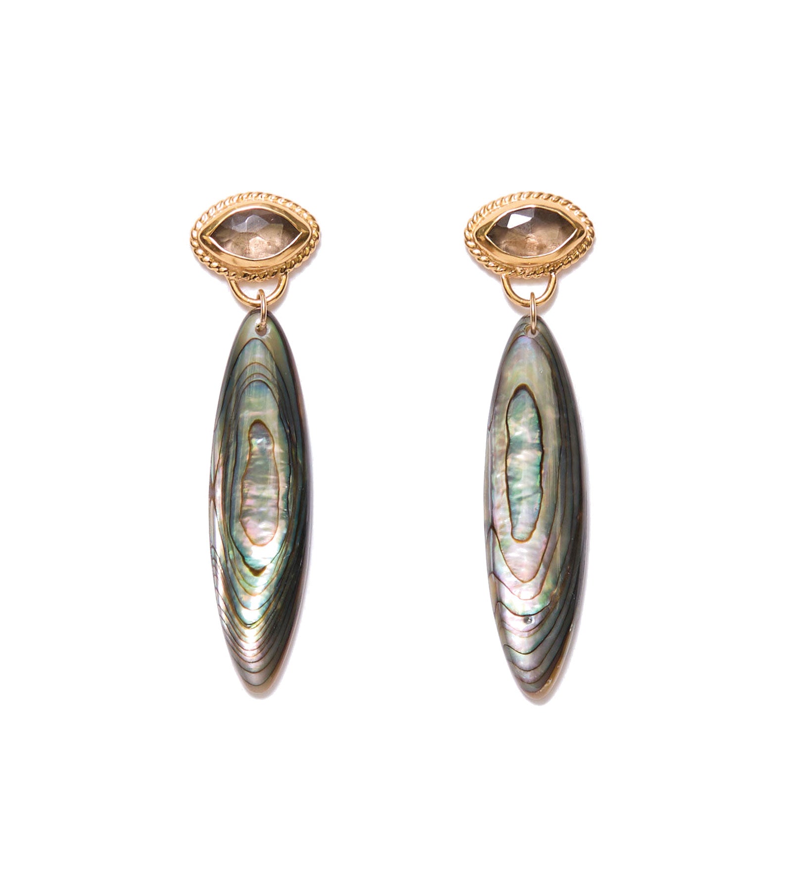 Marquise Abalone Earrings 18k Gold Vermil, Abalone, Smoky Quartz
