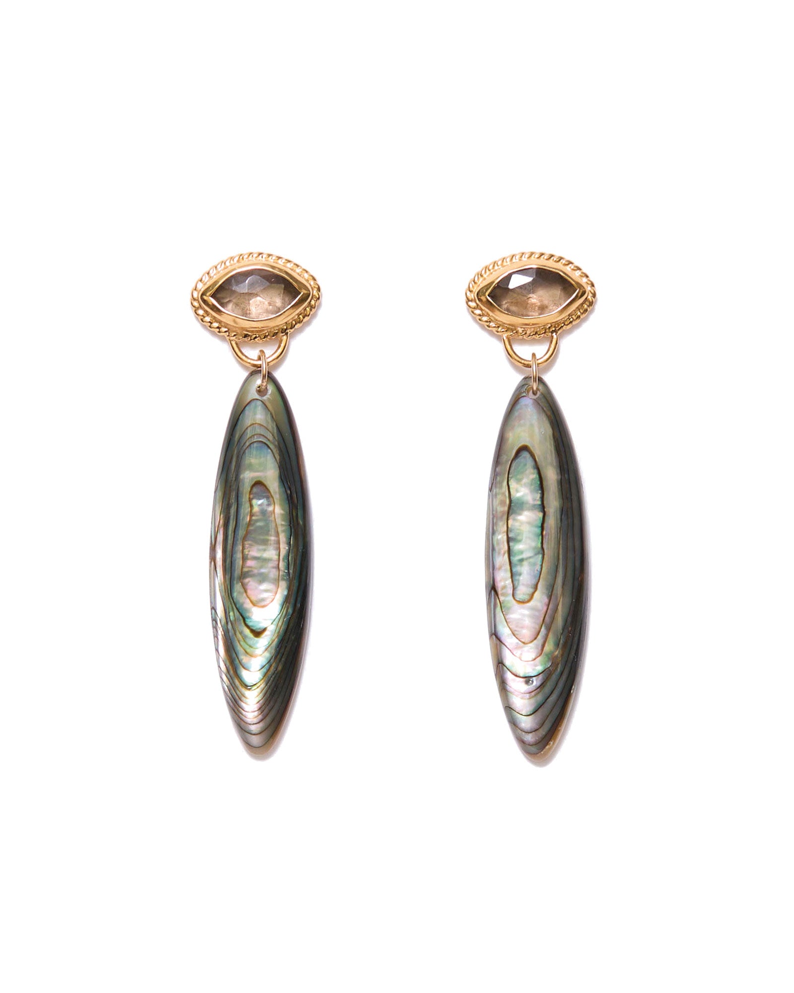 Marquise Abalone Earrings 18k Gold Vermil, Abalone, Smoky Quartz