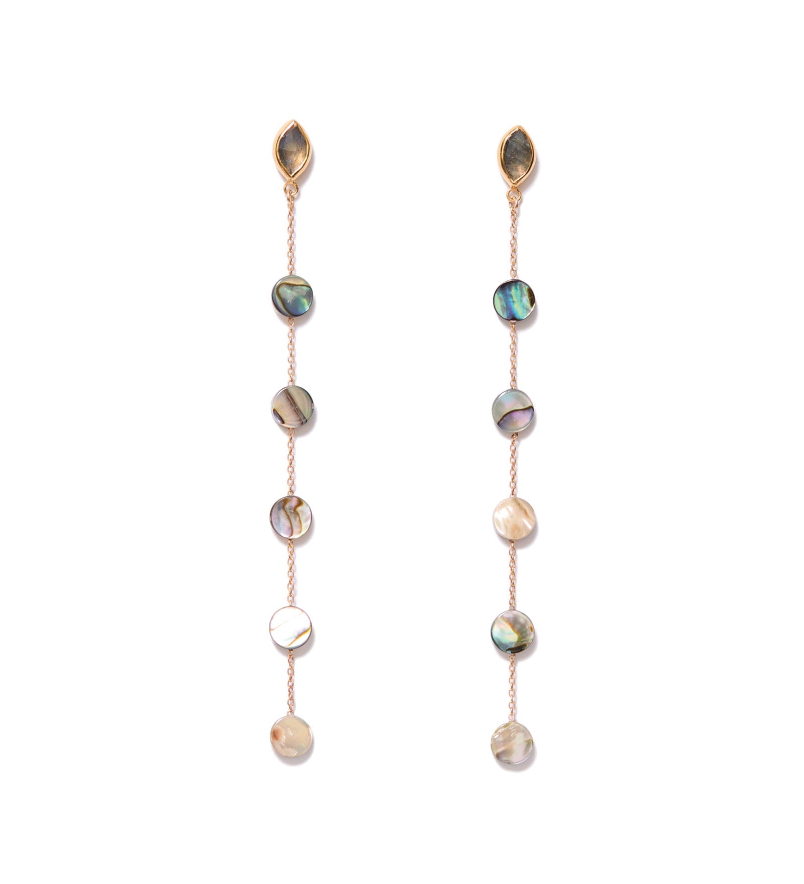 Marquise and Circle Drop Earrings 18k Gold Vermeil, Labradorite, Abalone