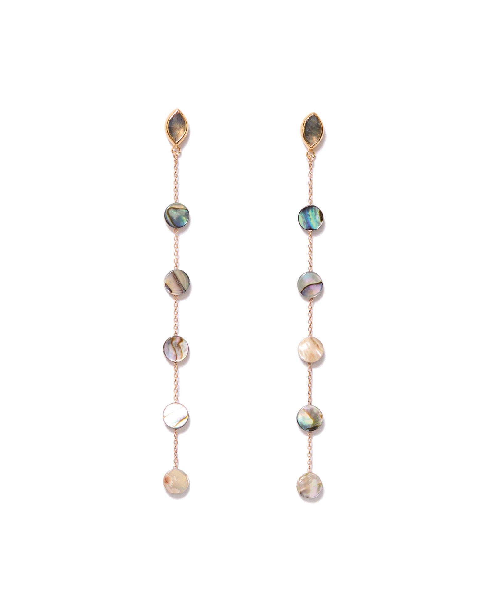 Marquise and Circle Drop Earrings 18k Gold Vermeil, Labradorite, Abalone