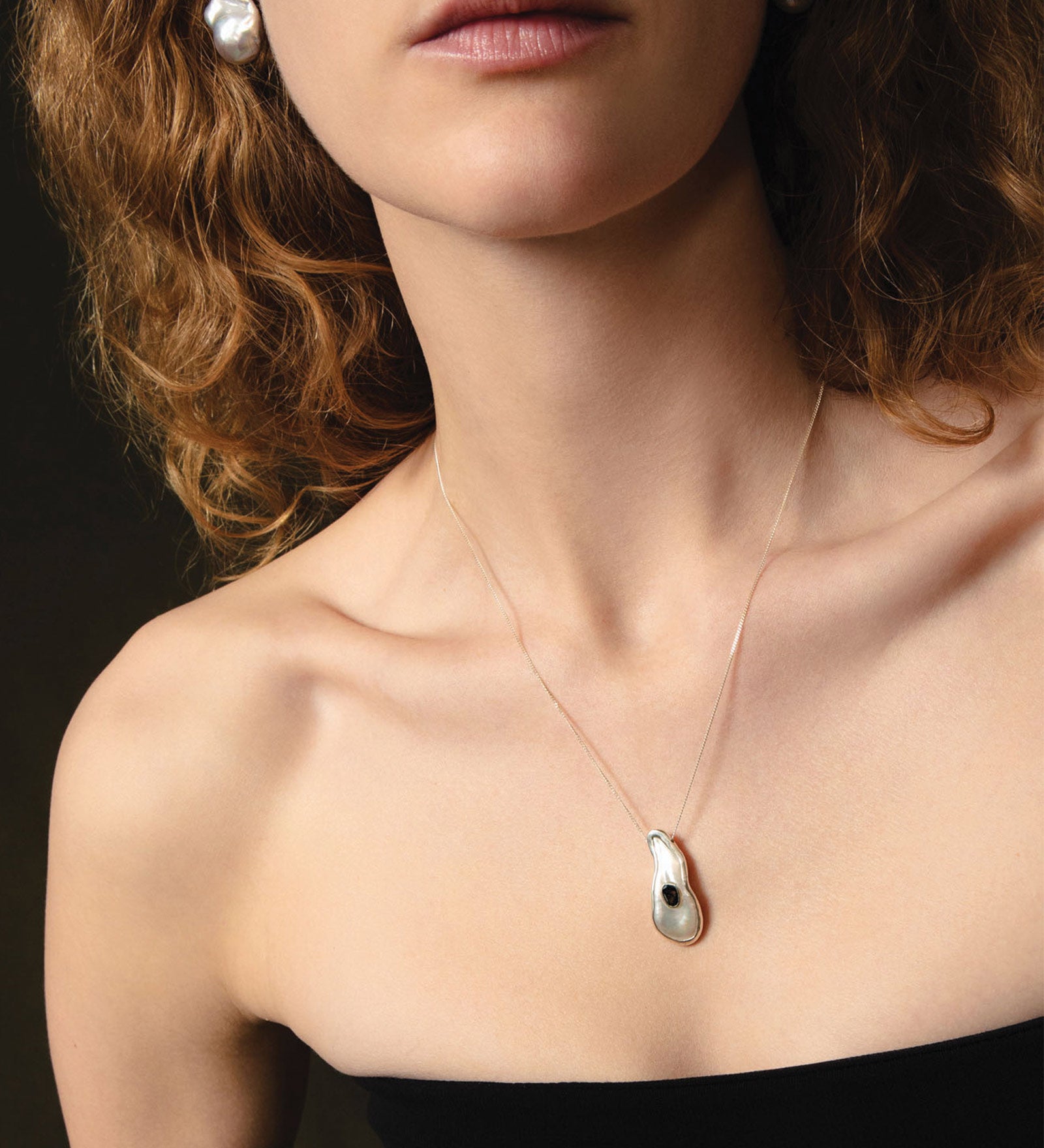 Biwa Pearl & Diamond Necklace Sterling Silver, Biwa Pearl, Black Diamond