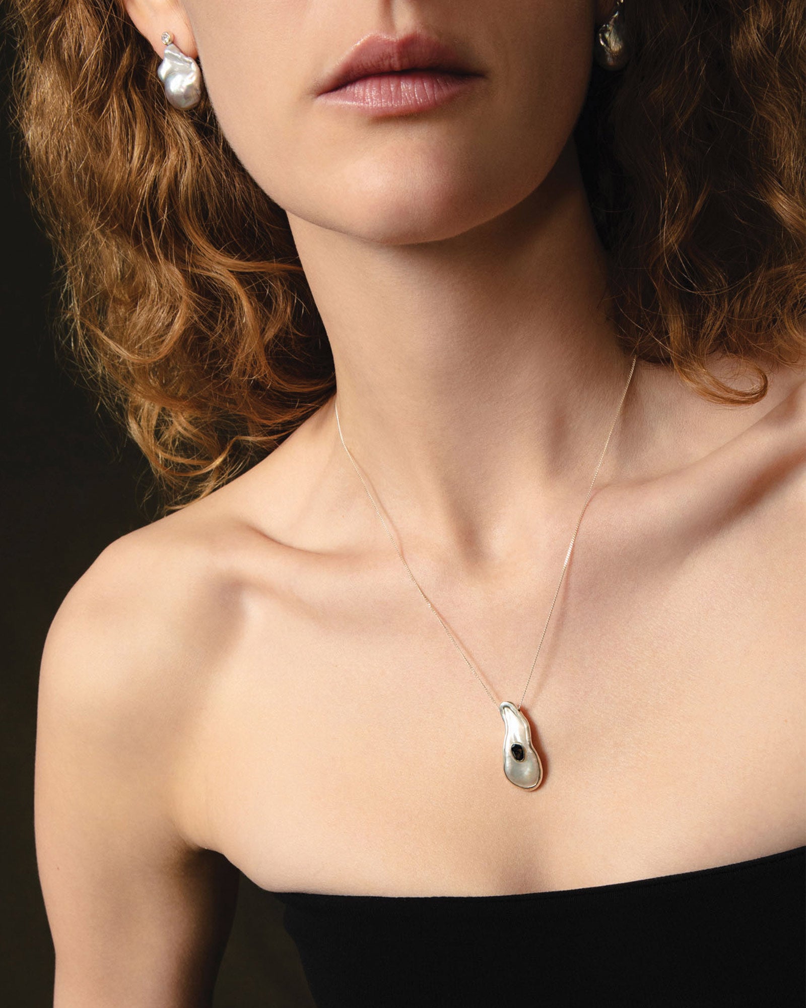 Biwa Pearl & Diamond Necklace Sterling Silver, Biwa Pearl, Black Diamond