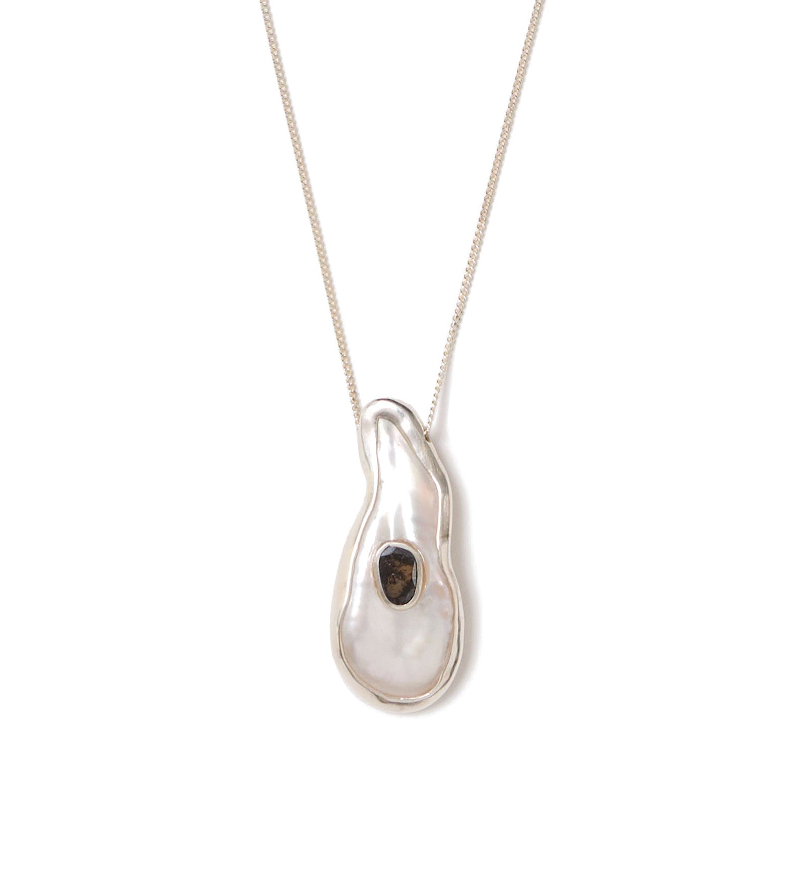 Biwa Pearl & Diamond Necklace Sterling Silver, Biwa Pearl, Black Diamond