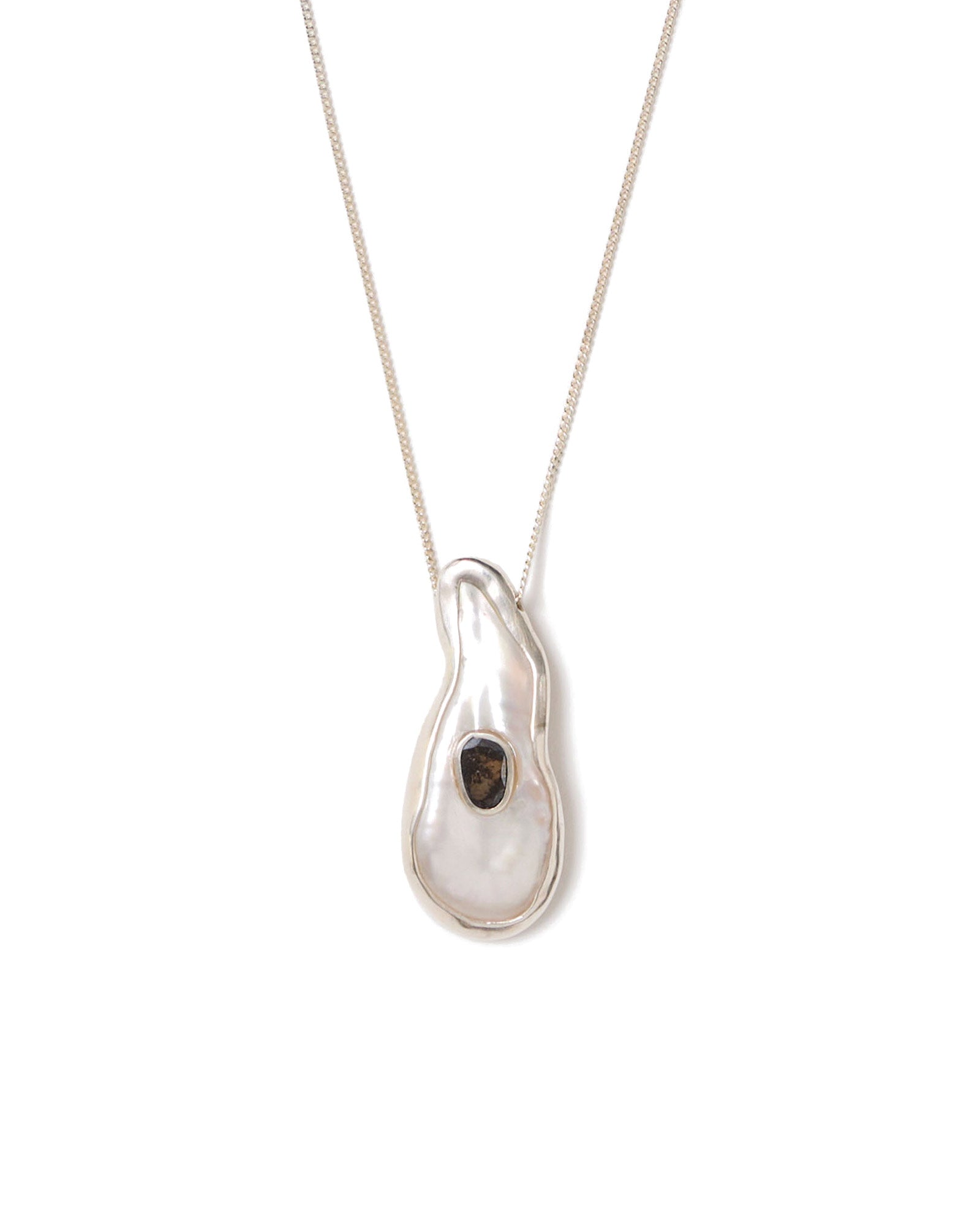 Biwa Pearl & Diamond Necklace Sterling Silver, Biwa Pearl, Black Diamond