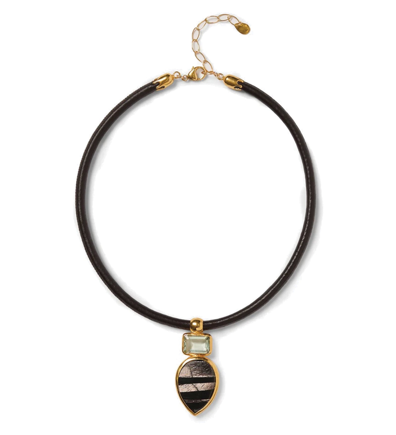 Totem Leather Necklace 18k Gold Vermeil, Hypersthene, Green Amethyst