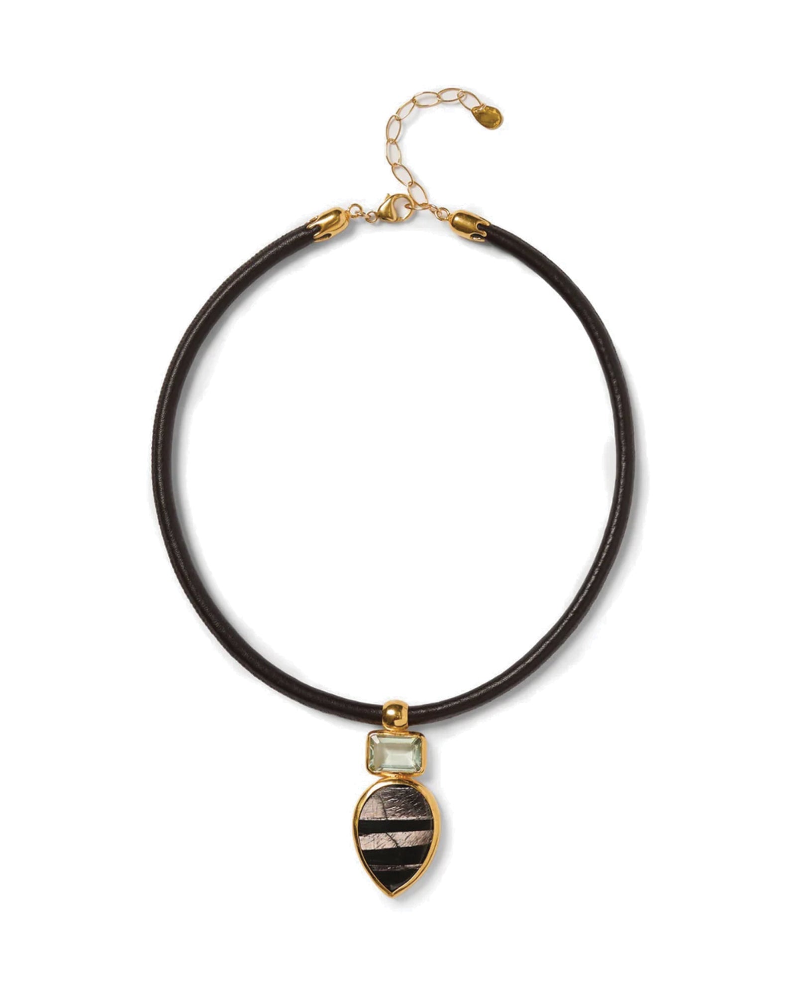 Totem Leather Necklace 18k Gold Vermeil, Hypersthene, Green Amethyst