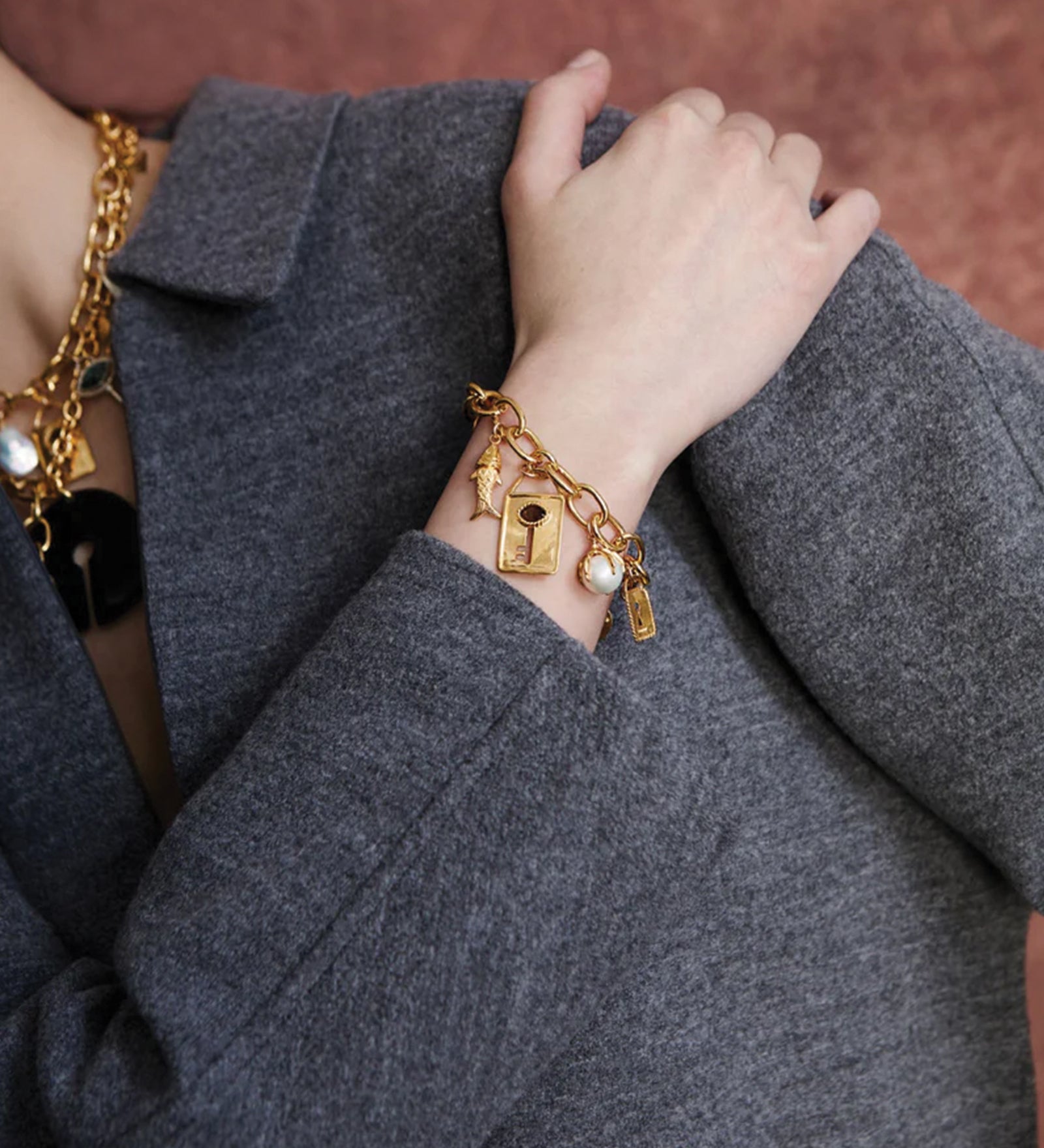 Lock and Key Charm Bracelet 18k Gold Vermeil, White Pearl, Smoky Quartz