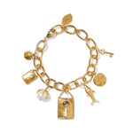 Lock and Key Charm Bracelet 18k Gold Vermeil, White Pearl, Smoky Quartz