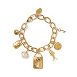 Lock and Key Charm Bracelet 18k Gold Vermeil, White Pearl, Smoky Quartz