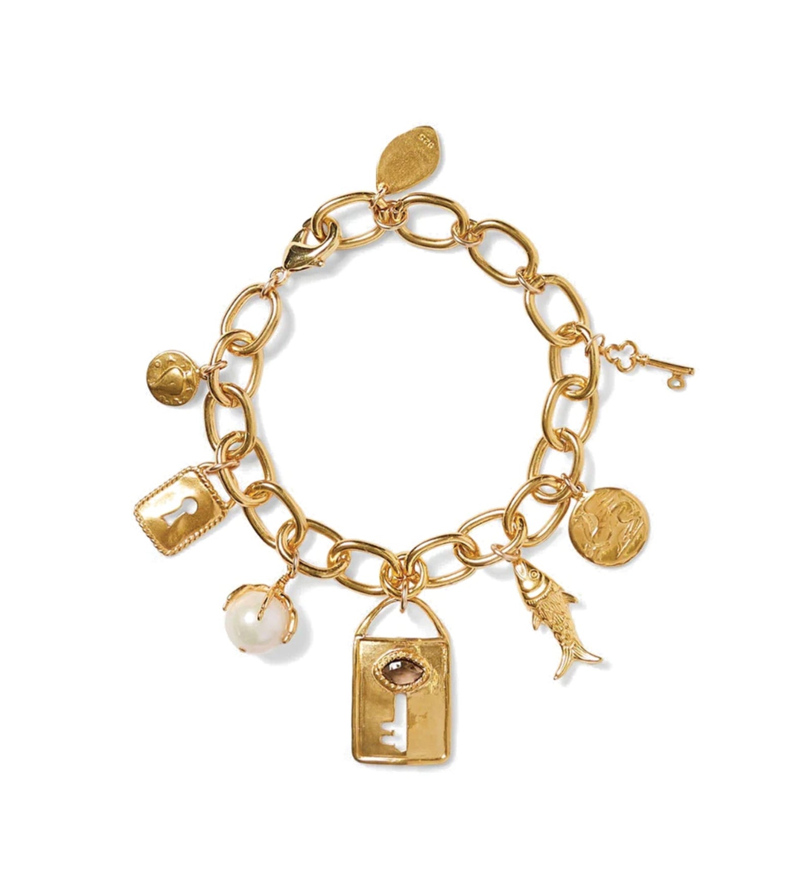 Lock and Key Charm Bracelet 18k Gold Vermeil, White Pearl, Smoky Quartz