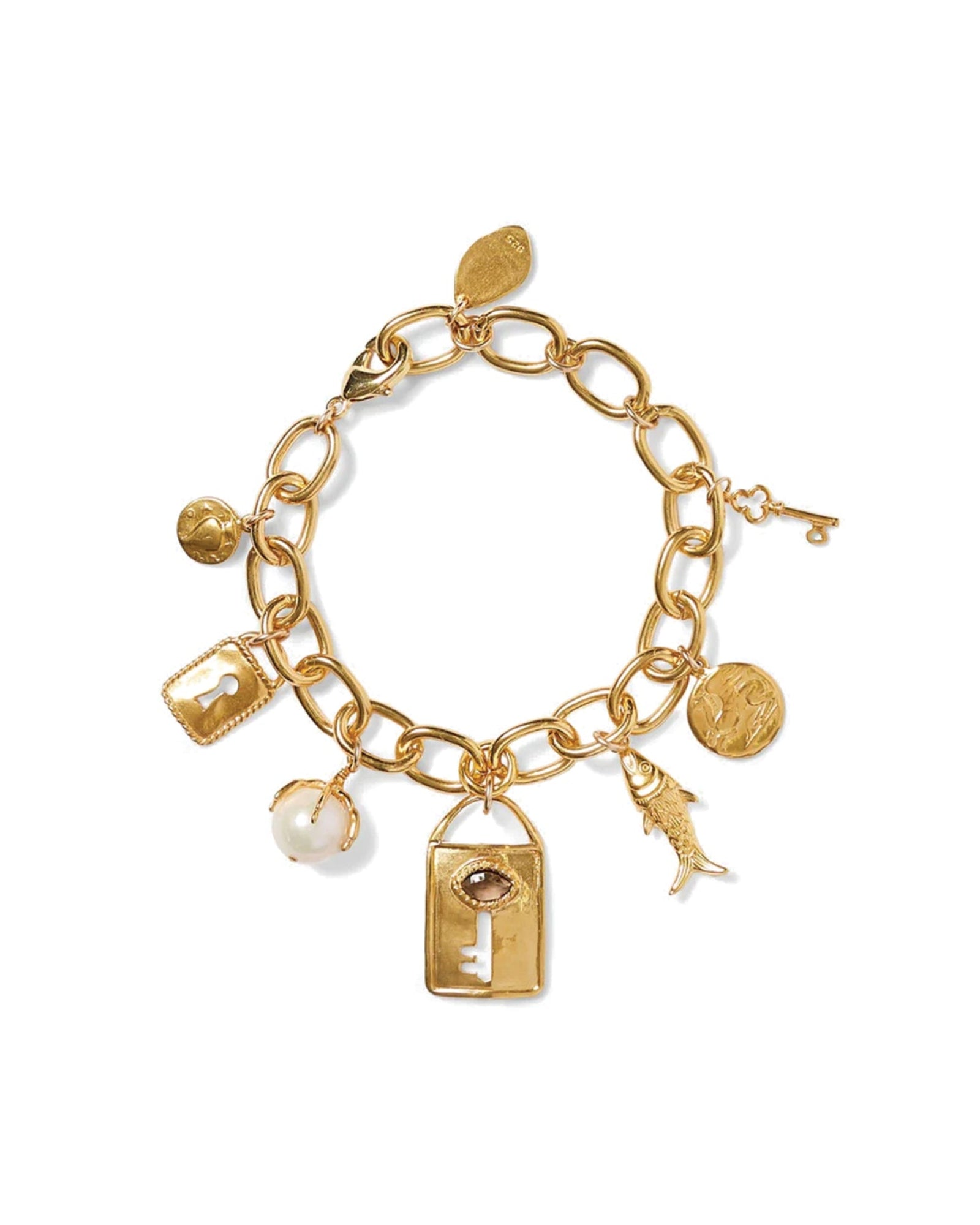 Lock and Key Charm Bracelet 18k Gold Vermeil, White Pearl, Smoky Quartz