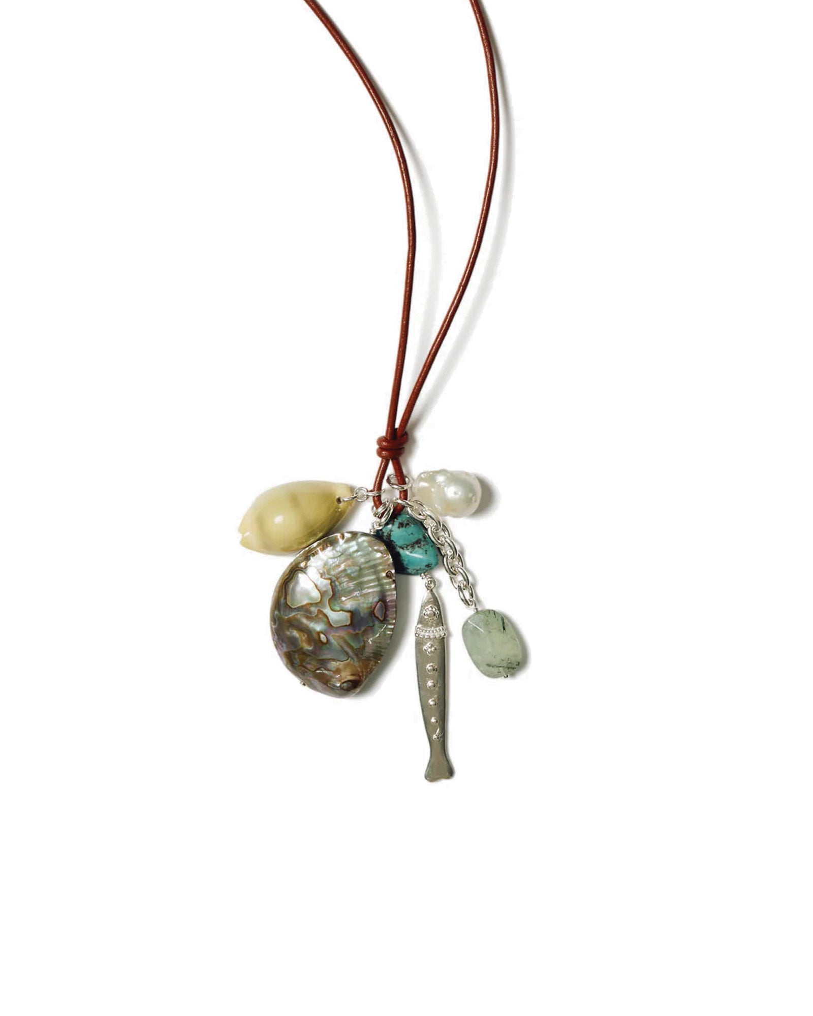 Fisherman's Charm Necklace Sterling Silver, Abalone, Turquoise