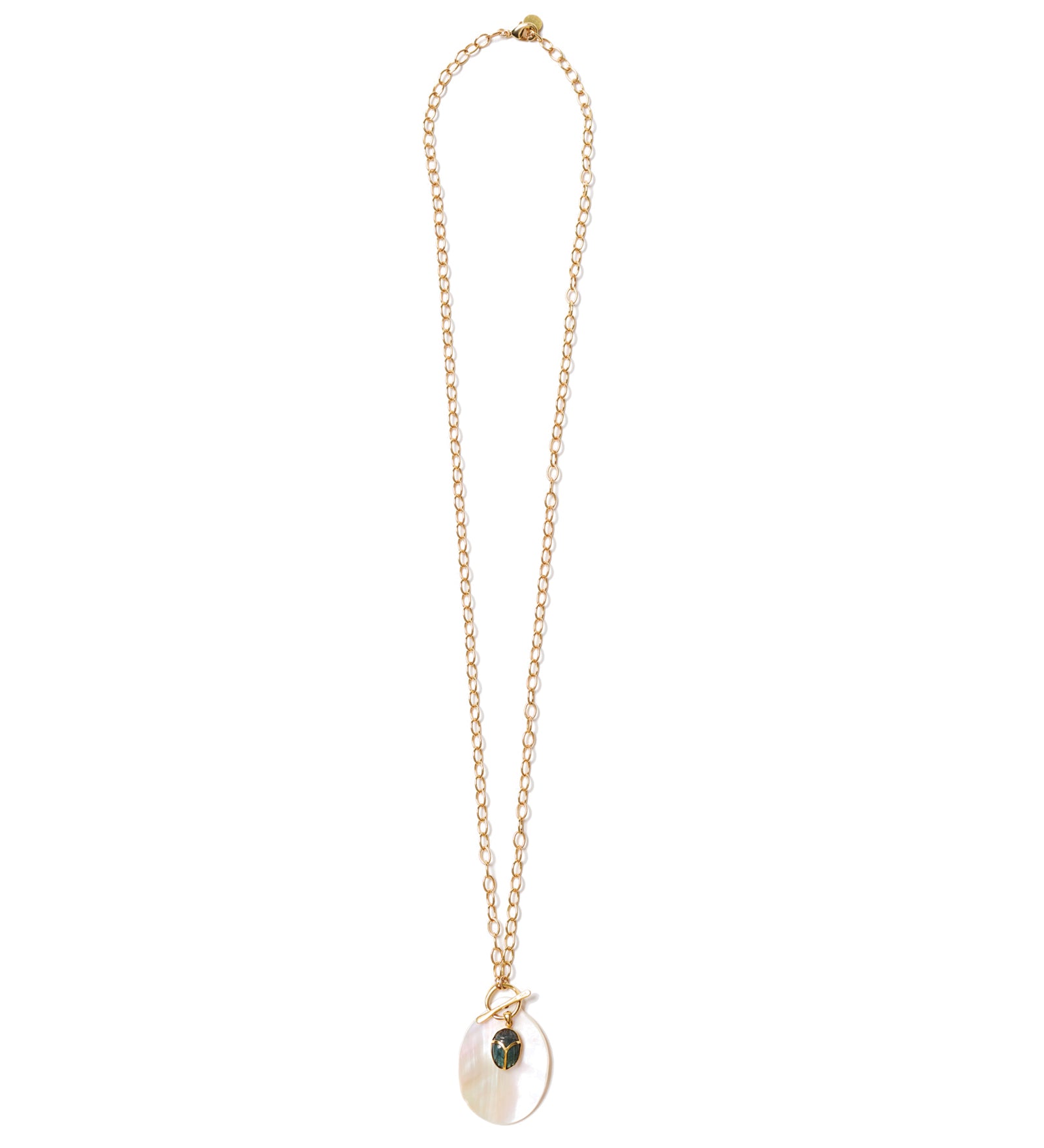 Oval Scarab Pearl Necklace 18k Gold Plated, Mother of Pearl, Labradorite