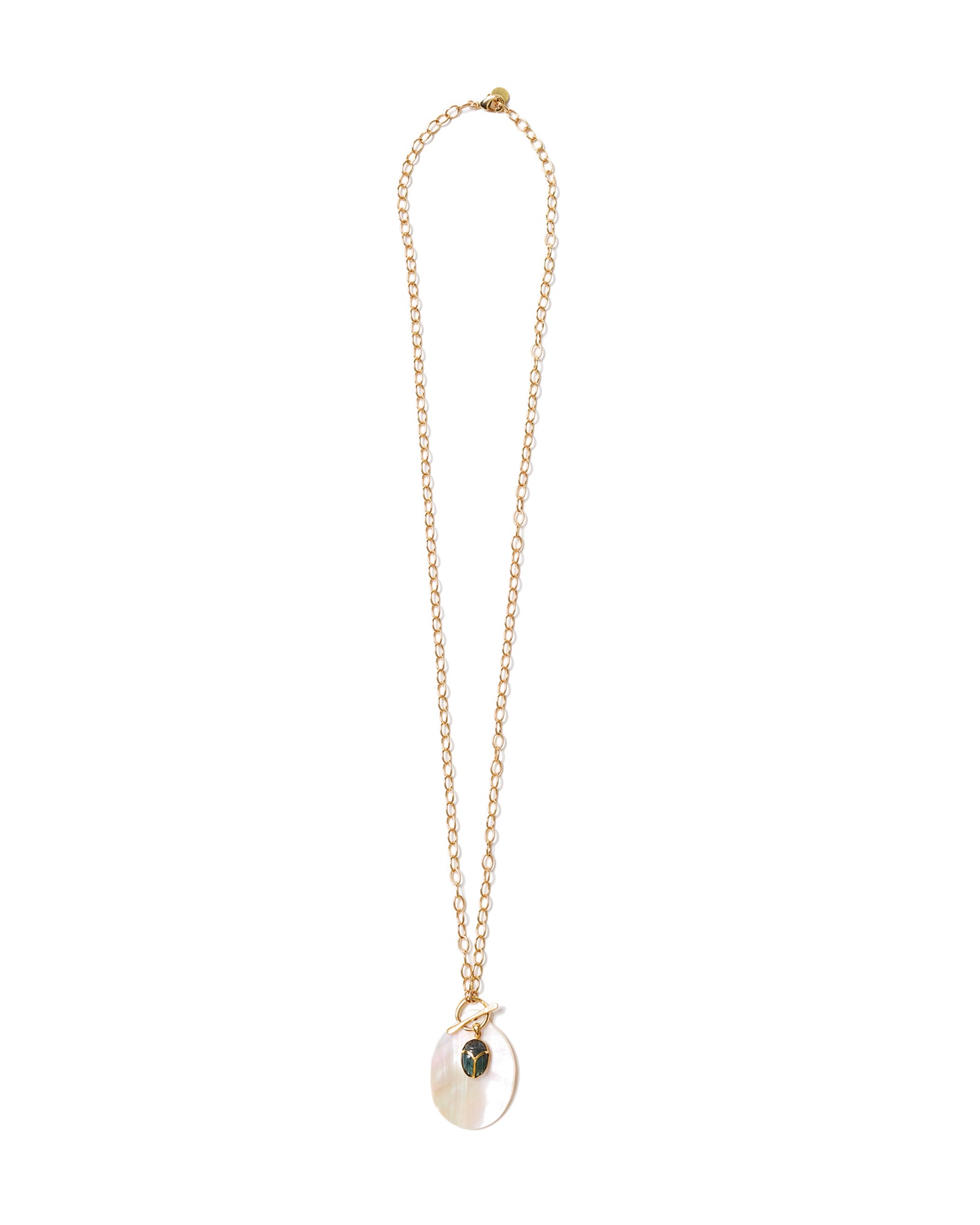 Oval Scarab Pearl Necklace 18k Gold Plated, Mother of Pearl, Labradorite