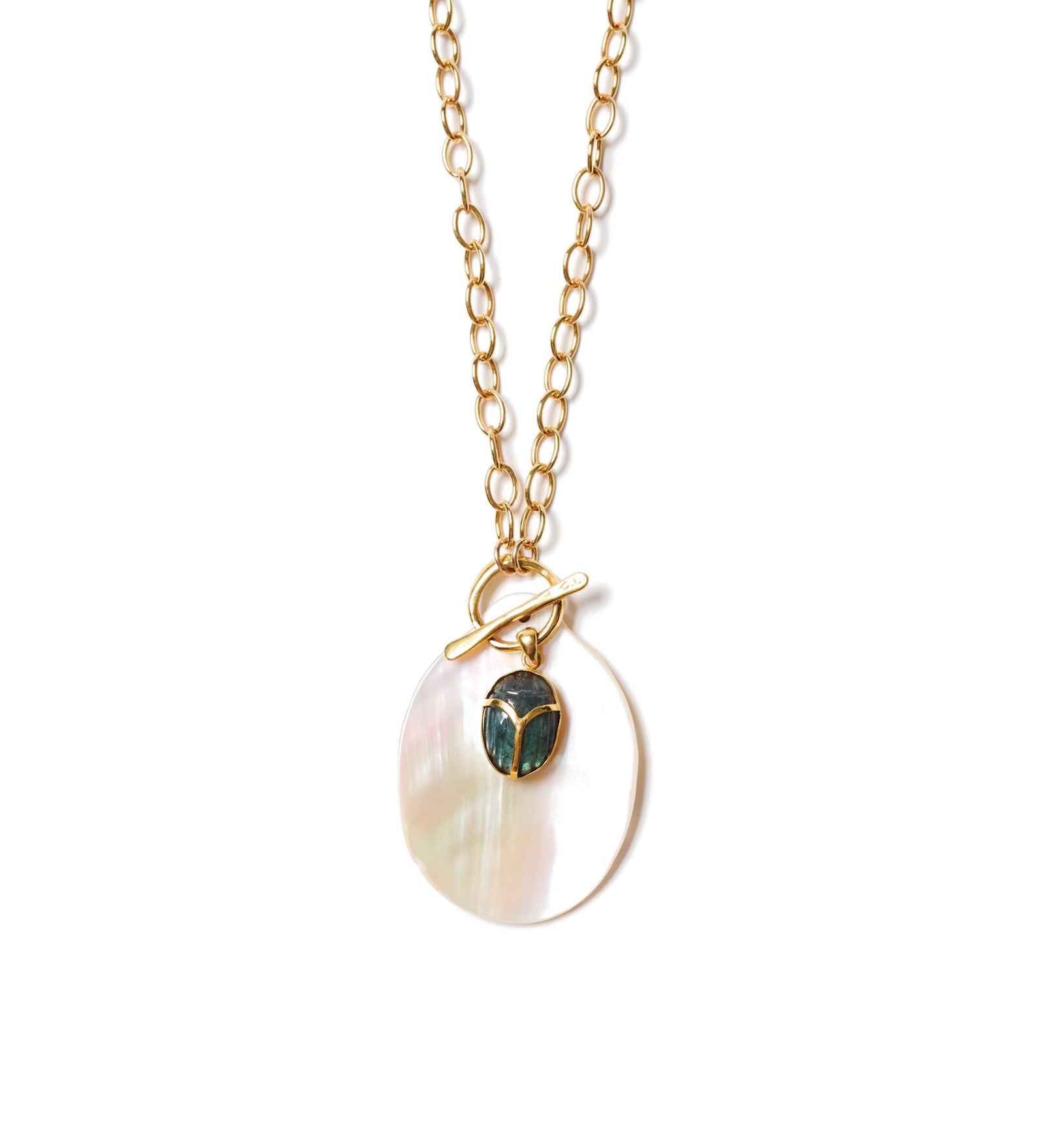Oval Scarab Pearl Necklace 18k Gold Plated, Mother of Pearl, Labradorite