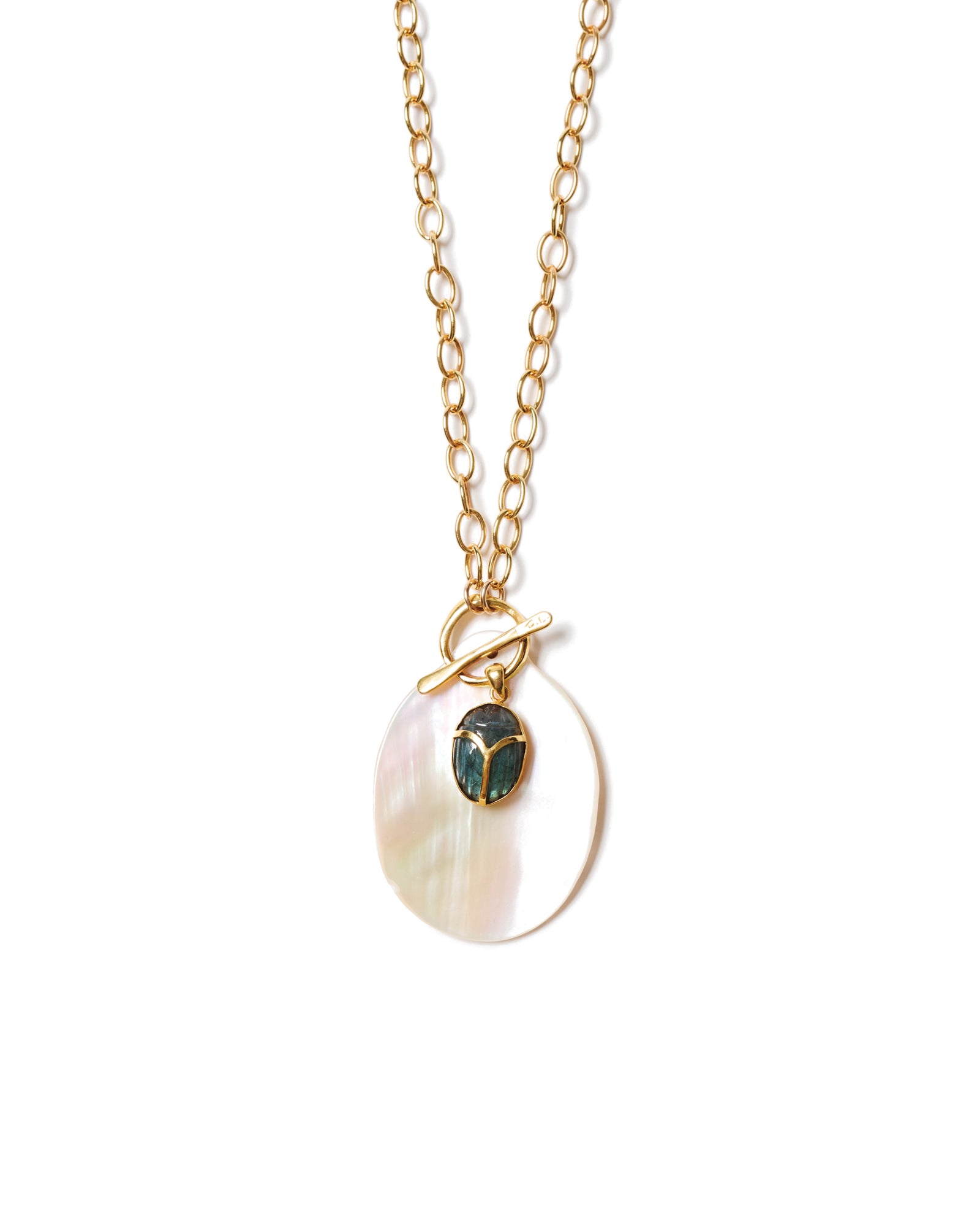 Oval Scarab Pearl Necklace 18k Gold Plated, Mother of Pearl, Labradorite