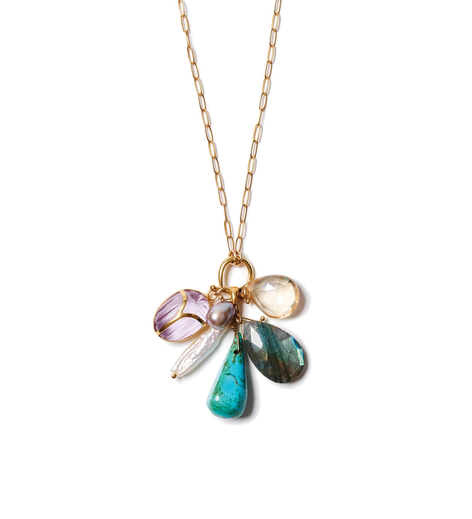 Scarab Charm Necklace 18k Gold Vermeil, Amehyst, Labradorite