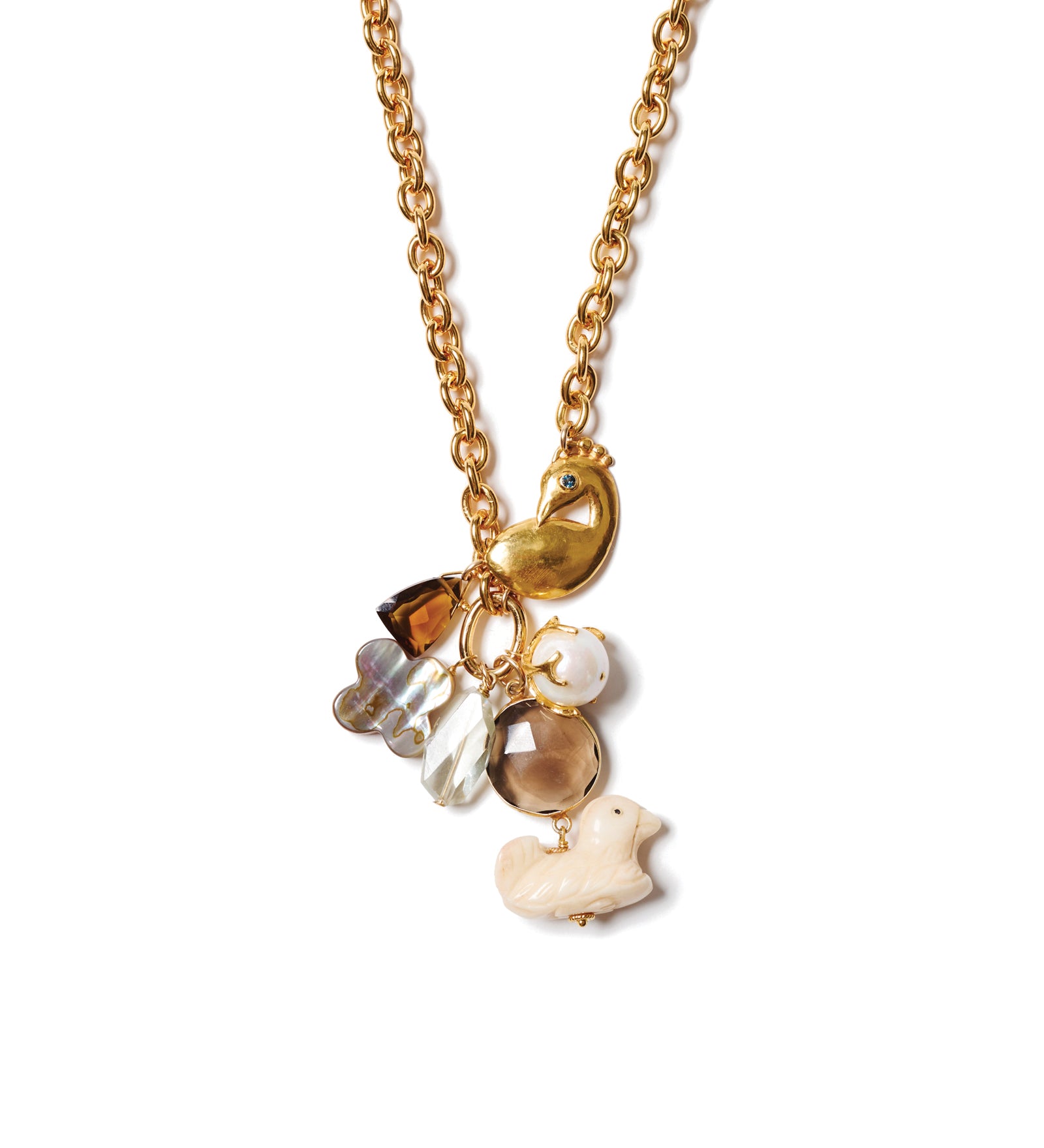 Peacock Charm Necklace 18k Gold Plated, Blue Topaz, Quartz