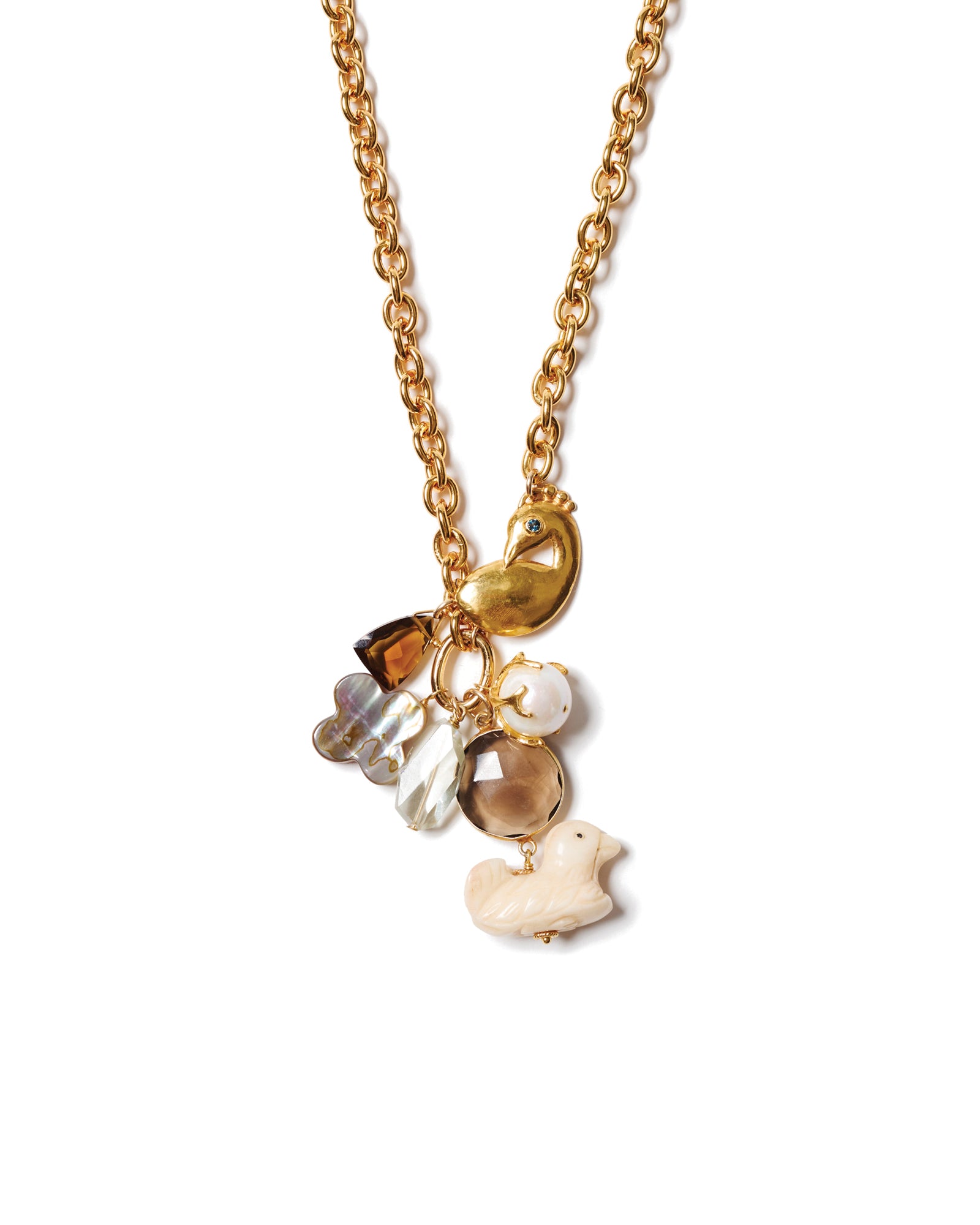 Peacock Charm Necklace 18k Gold Plated, Blue Topaz, Quartz