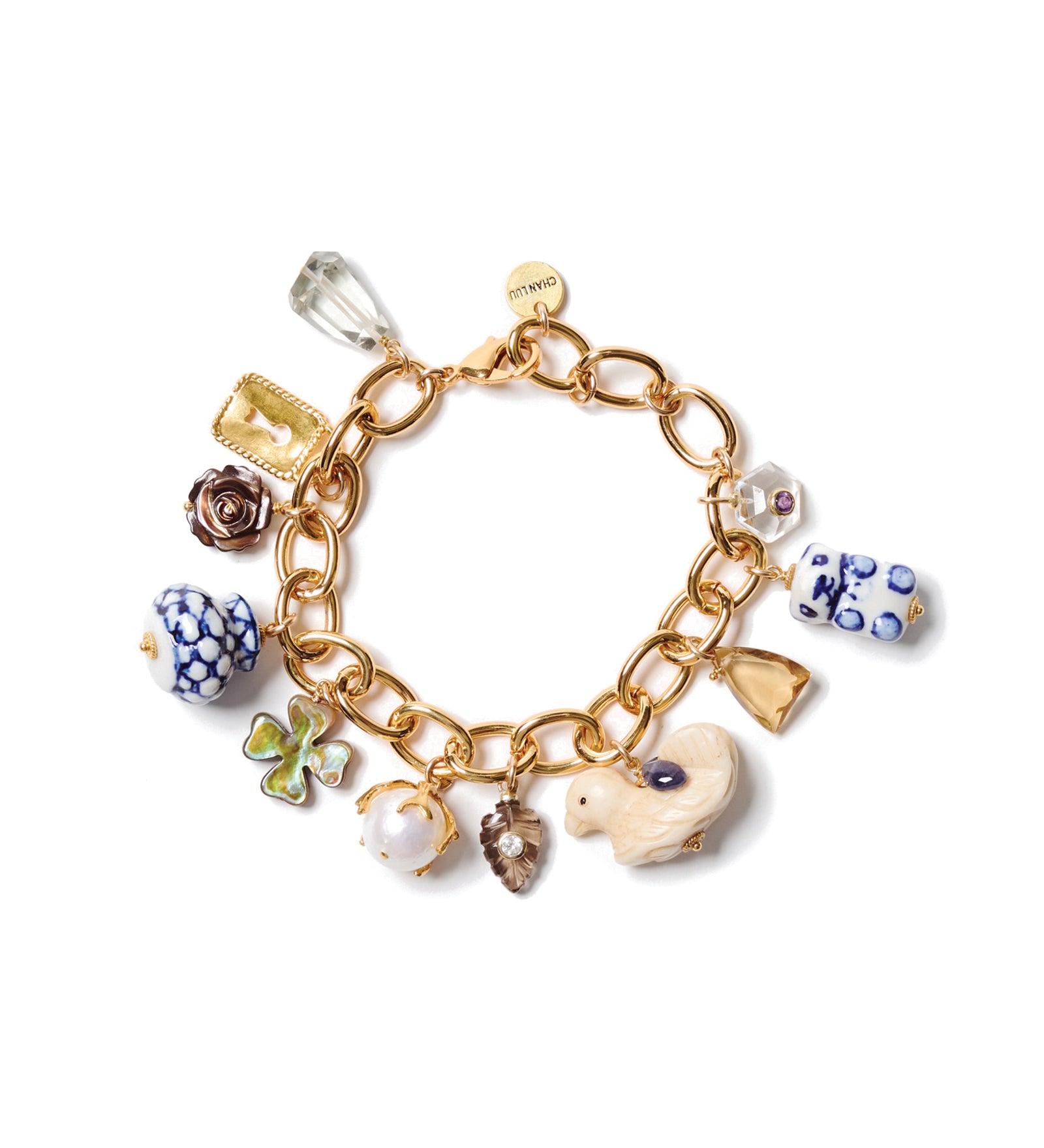 Delft Charm Bracelet 18k Gold Plated, Quartz, Abalone
