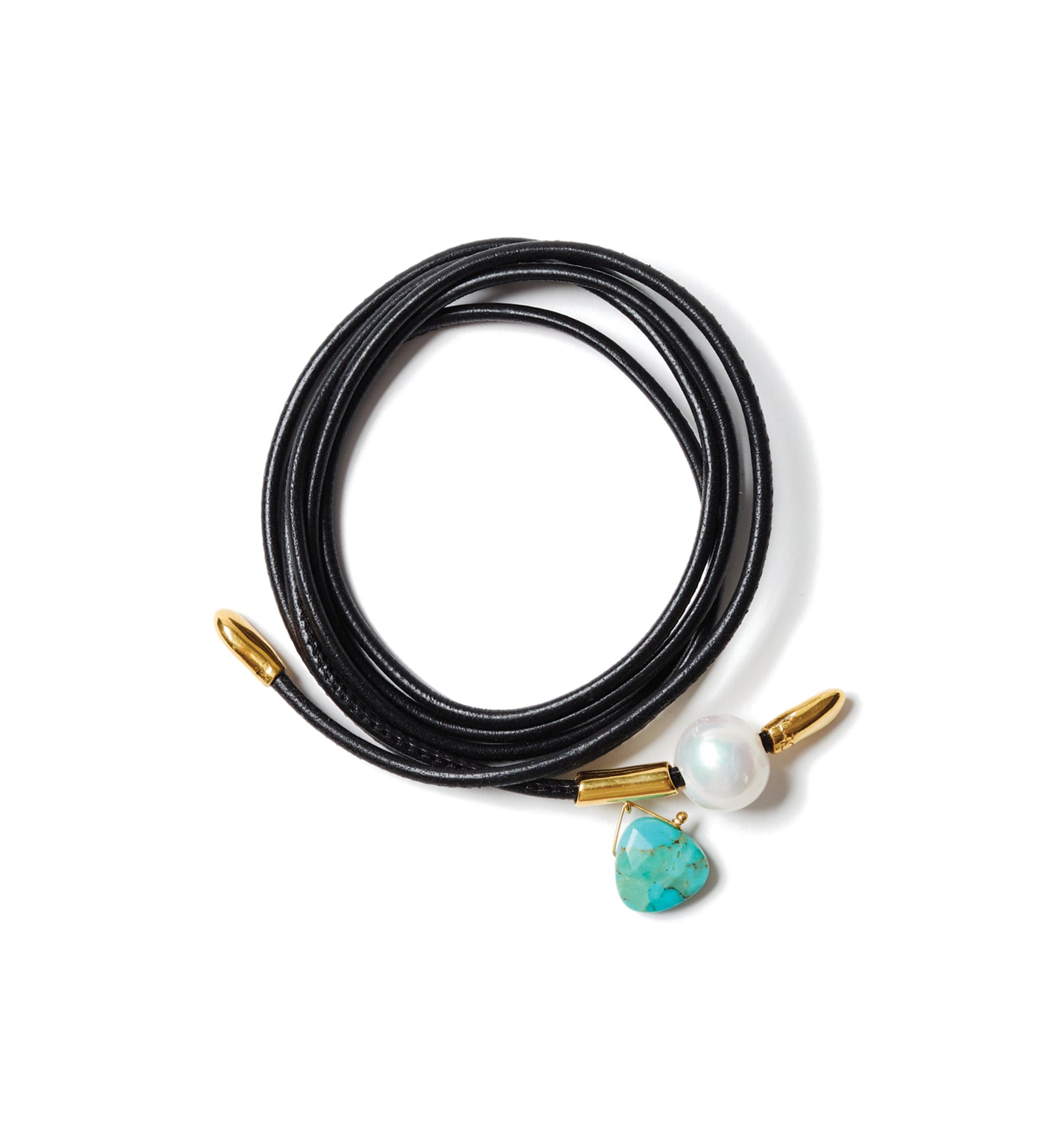 Five Wrap Leather & Pearl Bracelet 18k Gold Vermeil, Leather, Turquoise